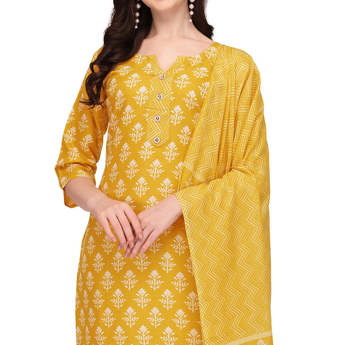 Yellow Floral Printed Poly Cotton Kurti Pant Set With Dupatta - Peachmode