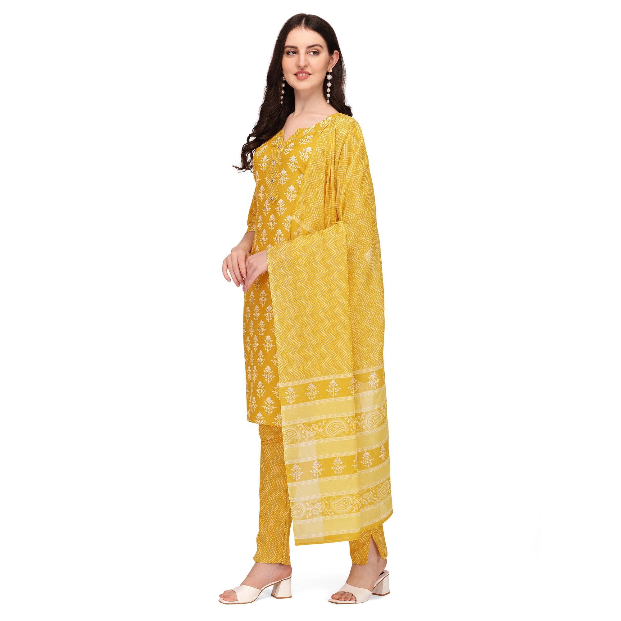 Yellow Floral Printed Poly Cotton Kurti Pant Set With Dupatta - Peachmode