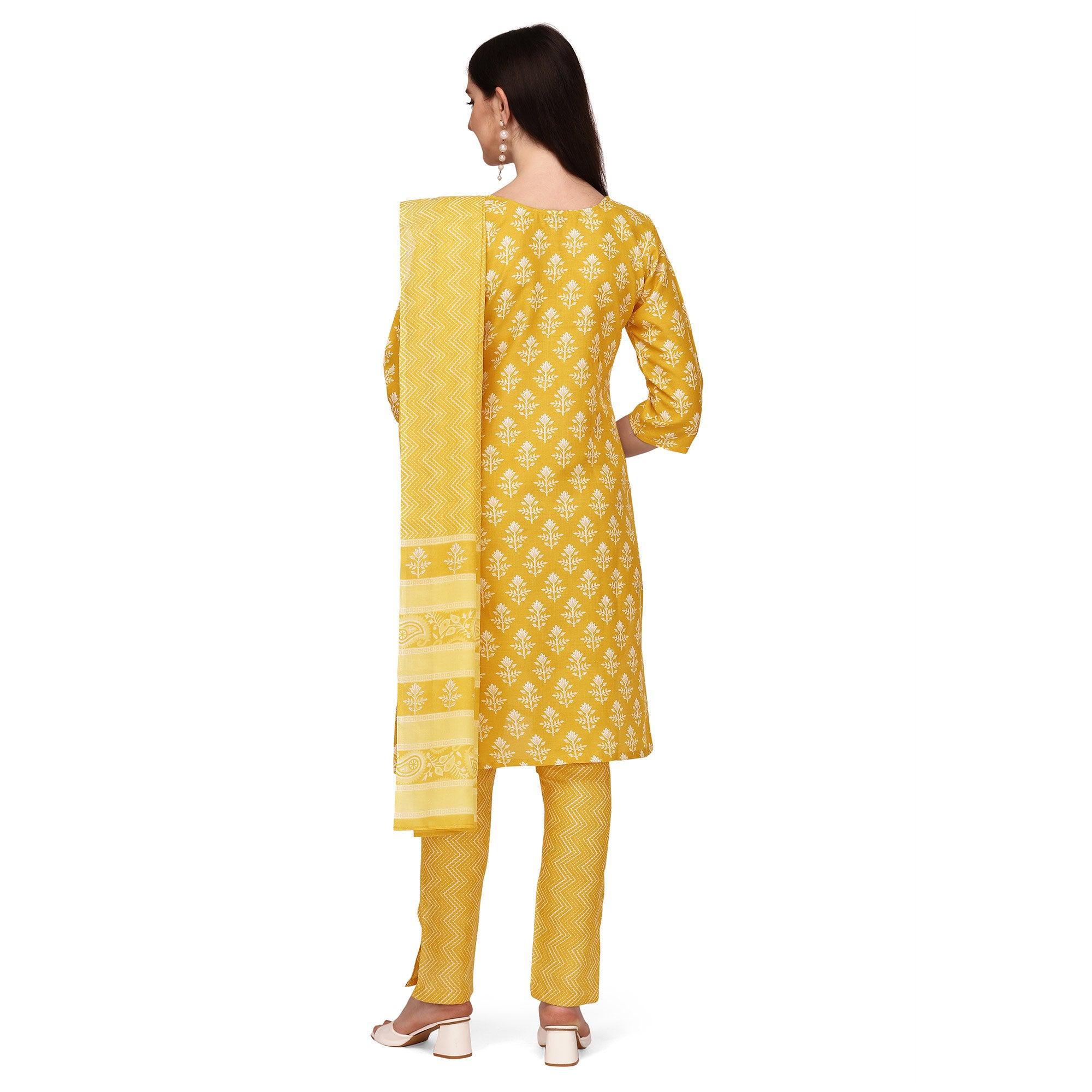 Yellow Floral Printed Poly Cotton Kurti Pant Set With Dupatta - Peachmode