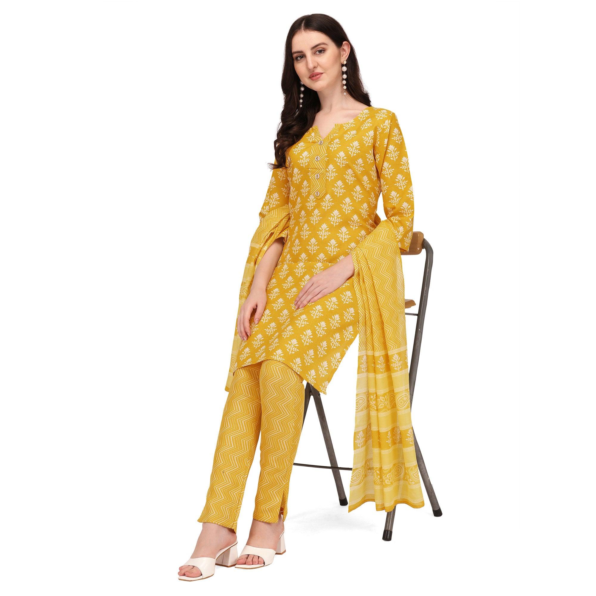 Yellow Floral Printed Poly Cotton Kurti Pant Set With Dupatta - Peachmode