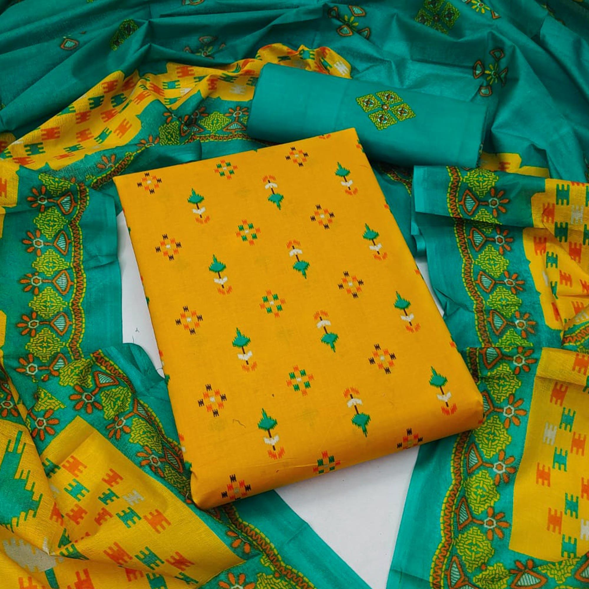 Yellow Floral Printed Pure Cotton Dress Material - Peachmode