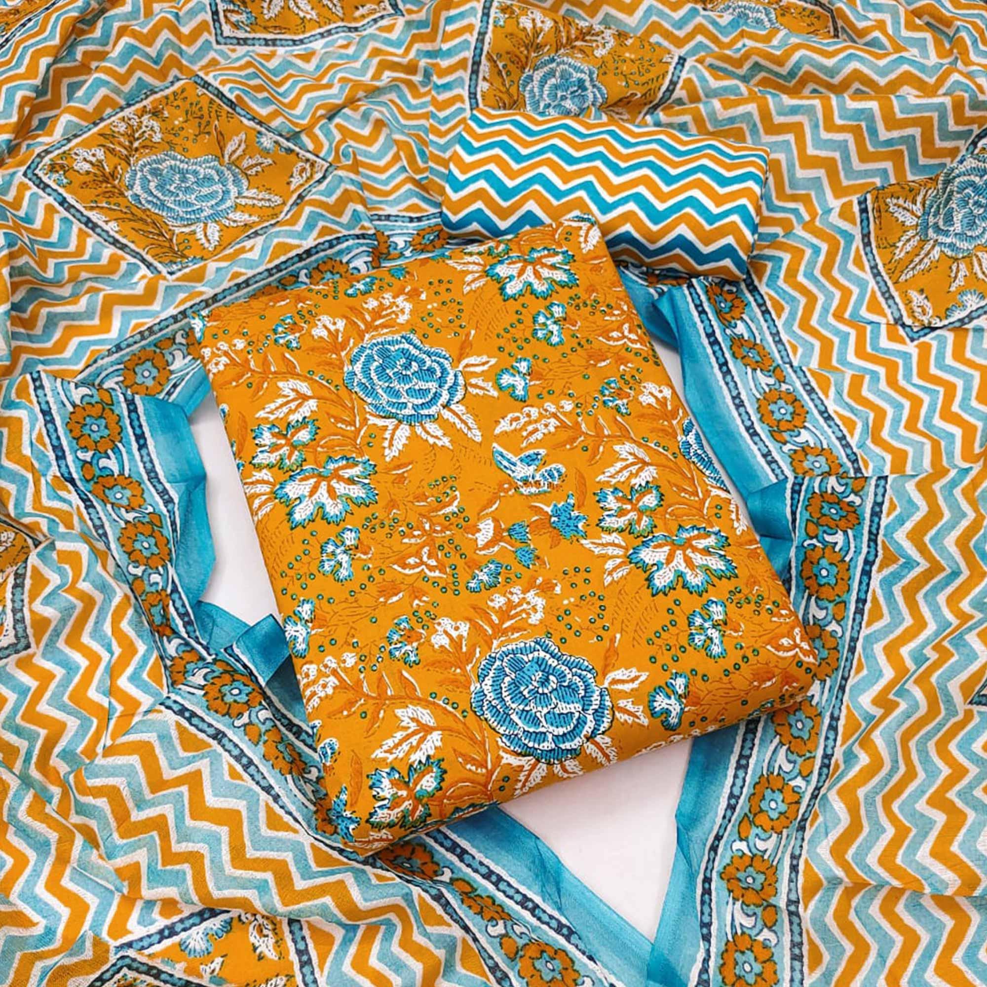 Yellow Floral Printed Pure Cotton Dress Material - Peachmode