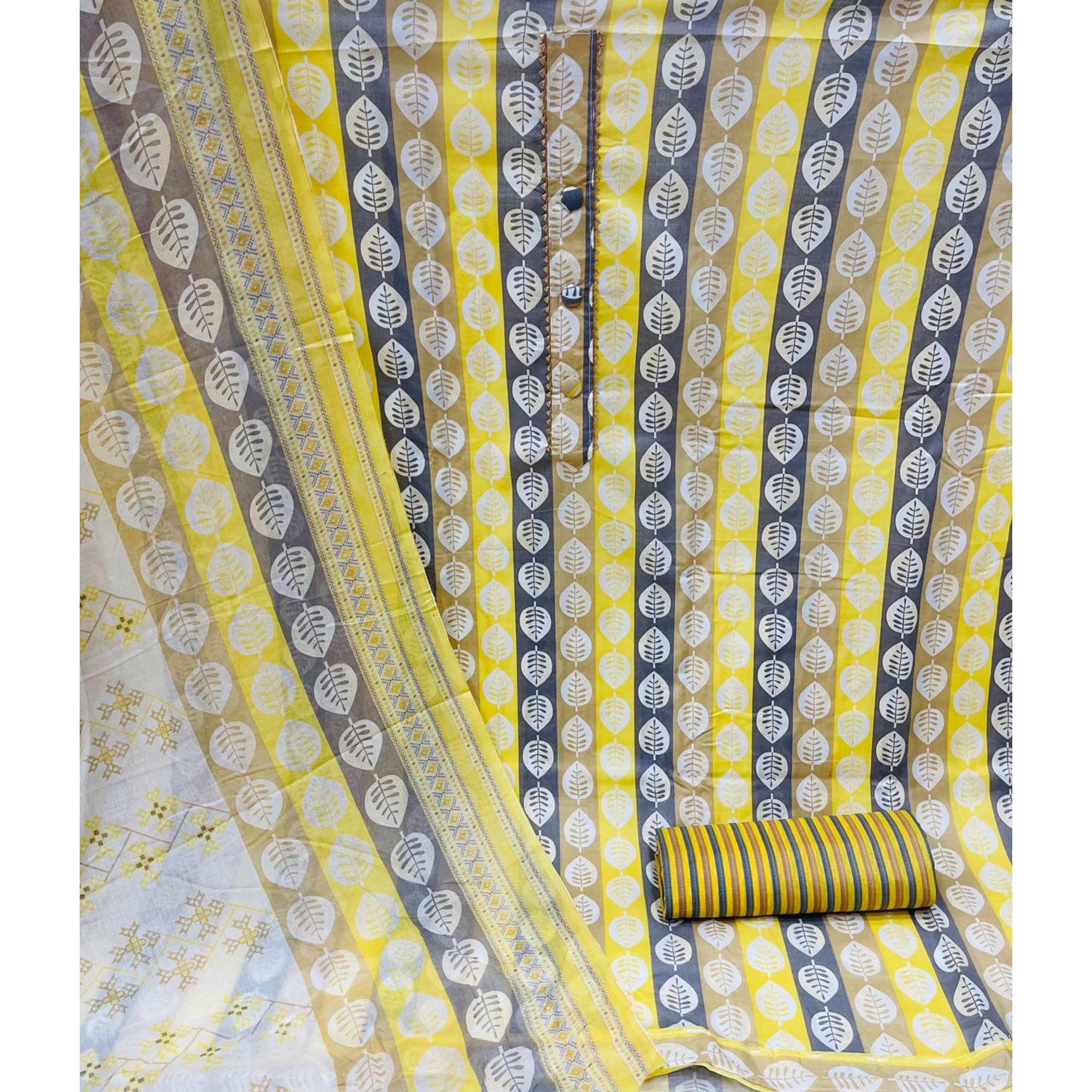 Yellow Floral Printed Pure Cotton Dress Material - Peachmode