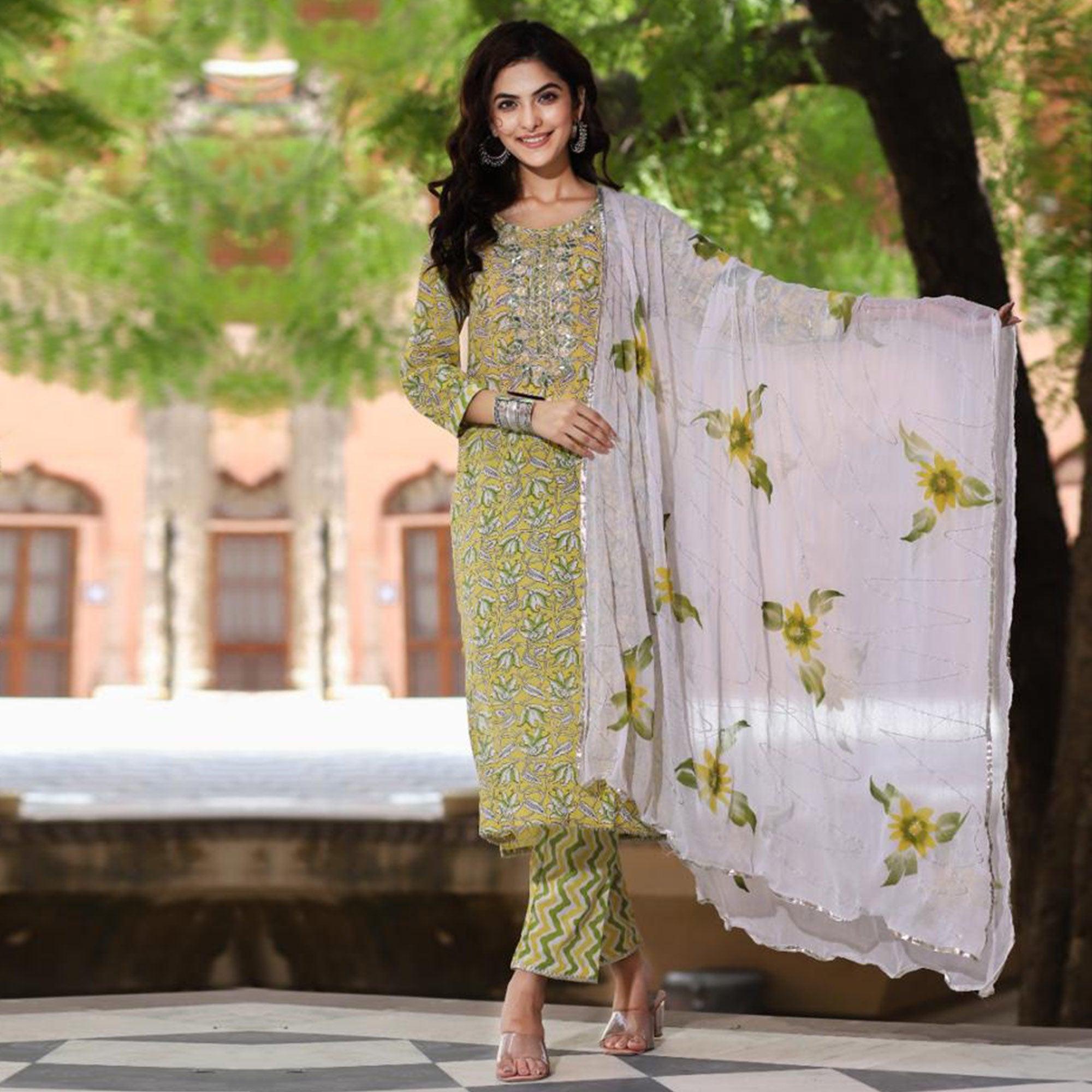 Yellow Floral Printed Pure Cotton Kurti Pant Set With Dupatta - Peachmode