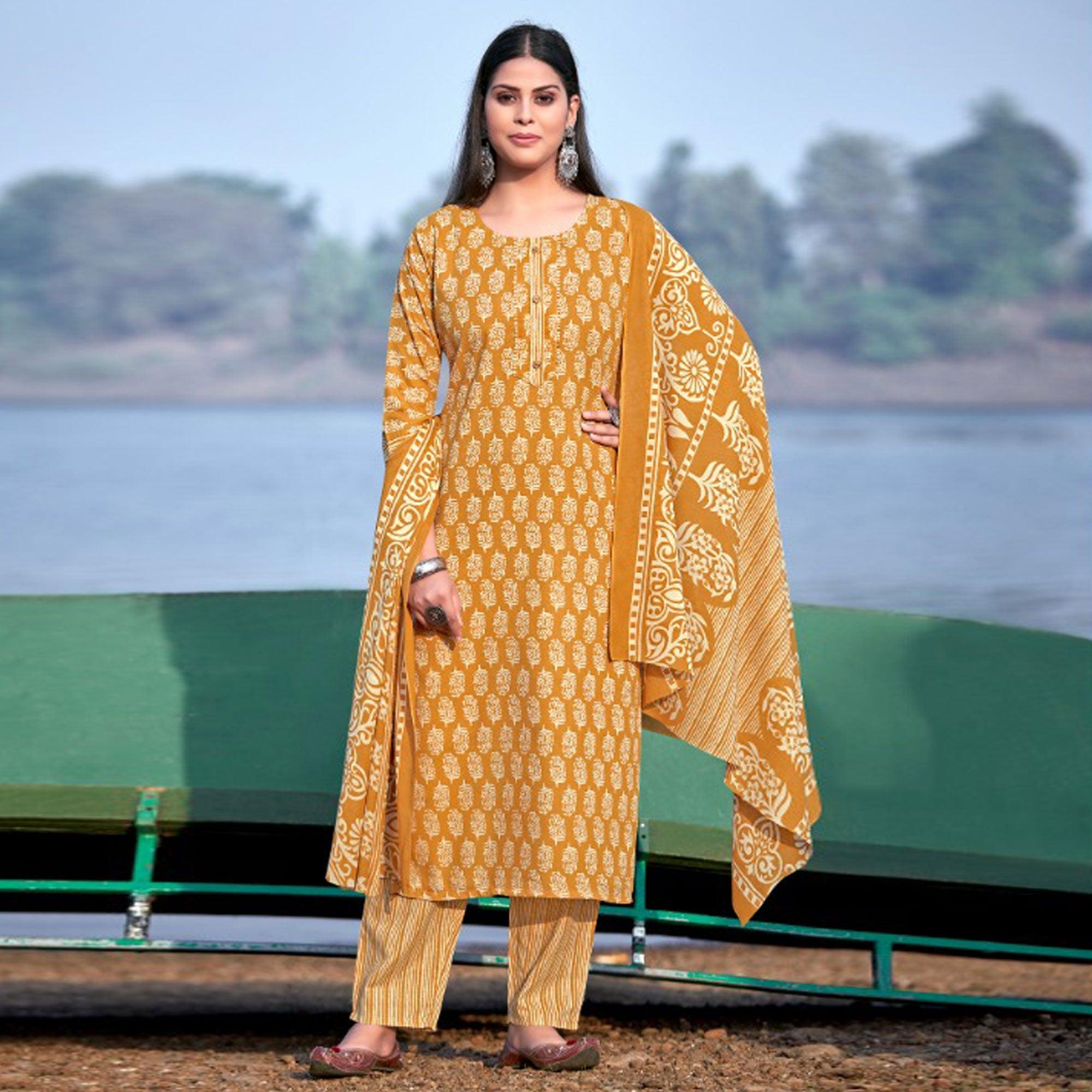 Yellow Floral Printed Pure Cotton Kurti Pant Set With Dupatta - Peachmode