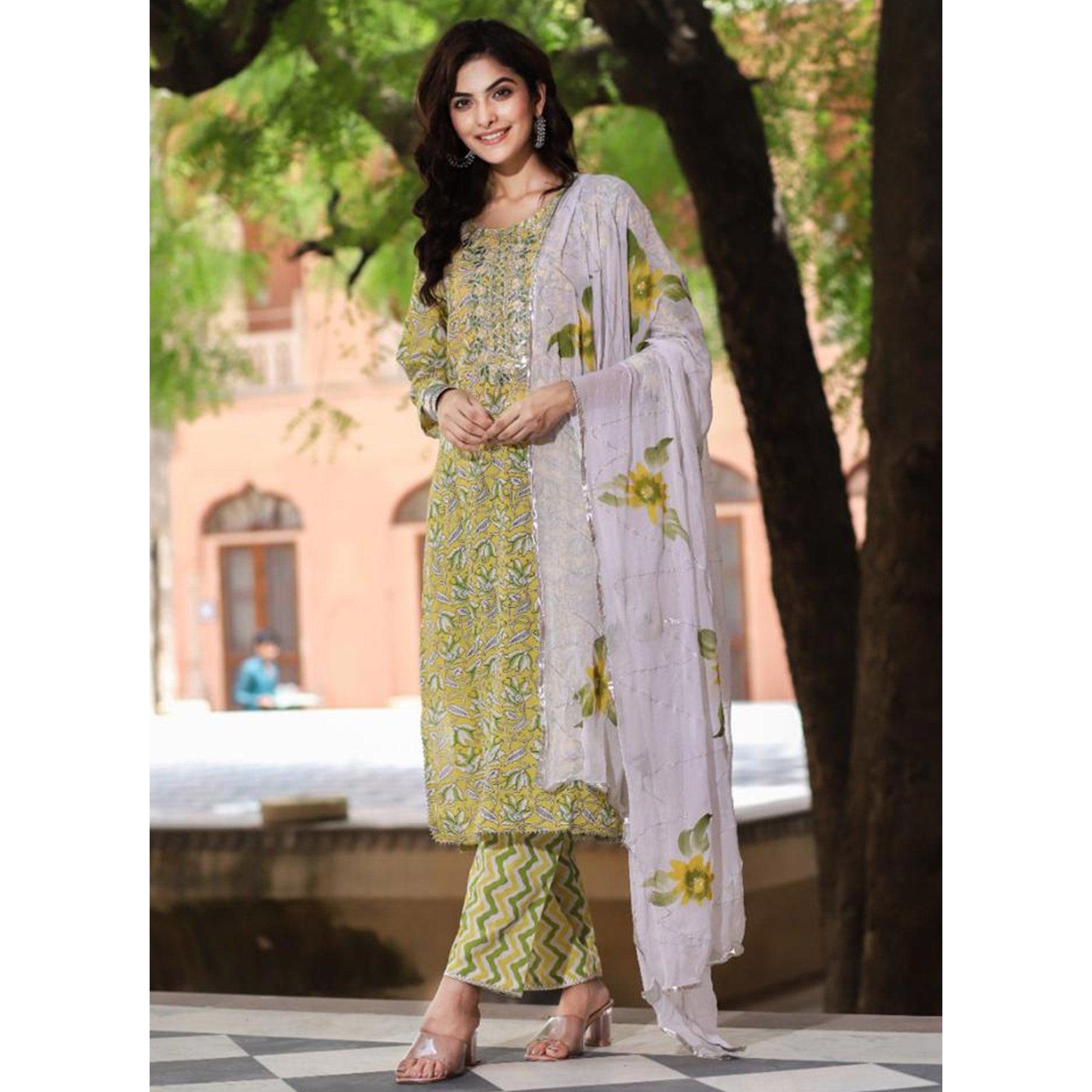 Yellow Floral Printed Pure Cotton Kurti Pant Set With Dupatta - Peachmode