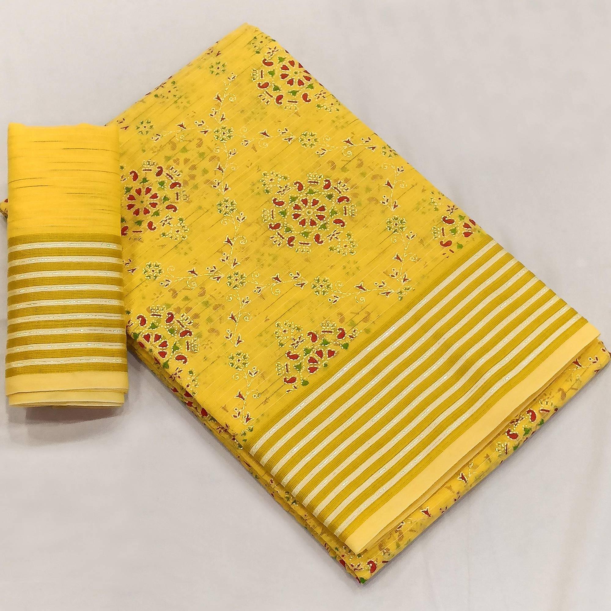 Yellow Floral Printed Pure Cotton Saree - Peachmode