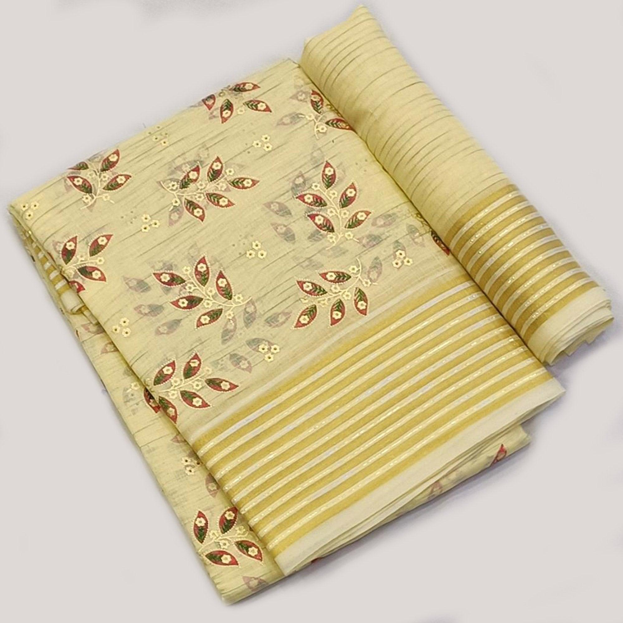 Yellow Floral Printed Pure Cotton Saree - Peachmode
