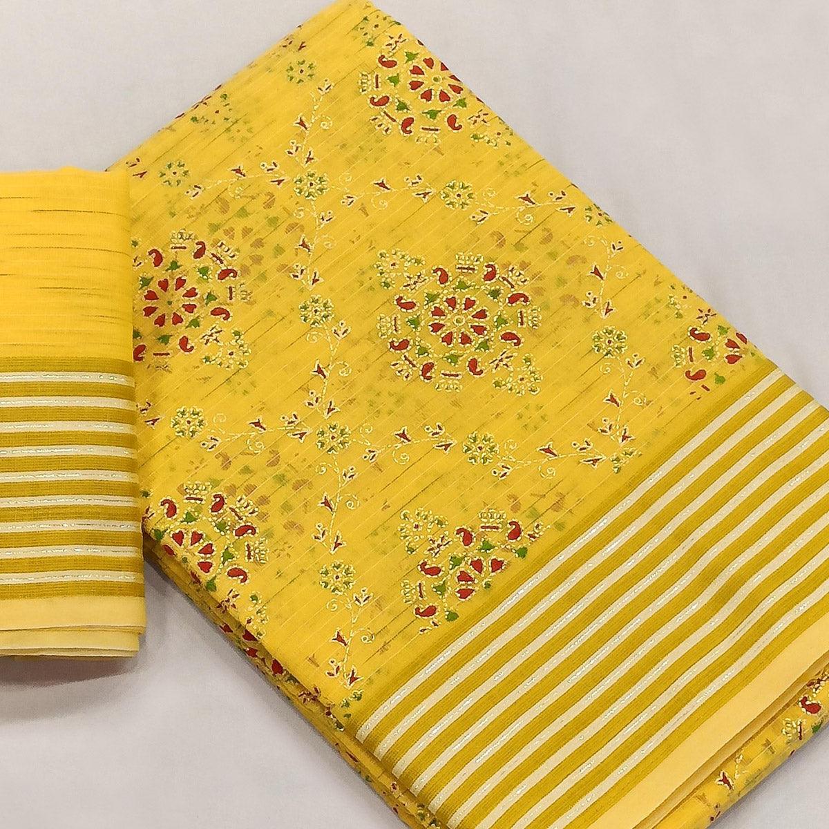 Yellow Floral Printed Pure Cotton Saree - Peachmode