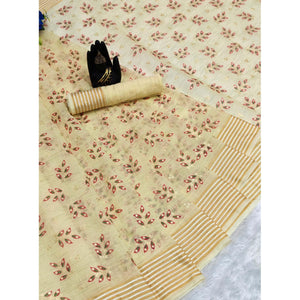 Yellow Floral Printed Pure Cotton Saree - Peachmode