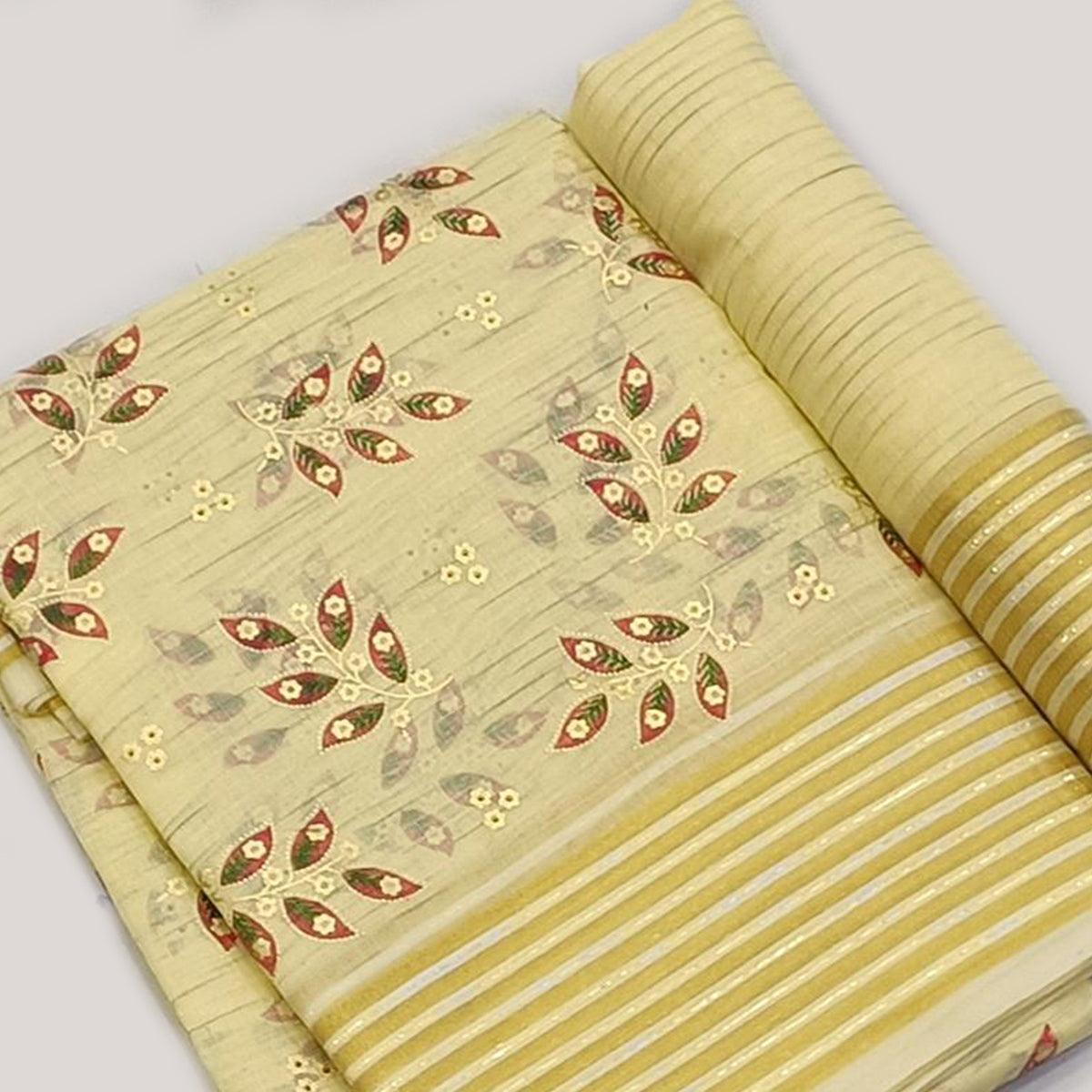 Yellow Floral Printed Pure Cotton Saree - Peachmode