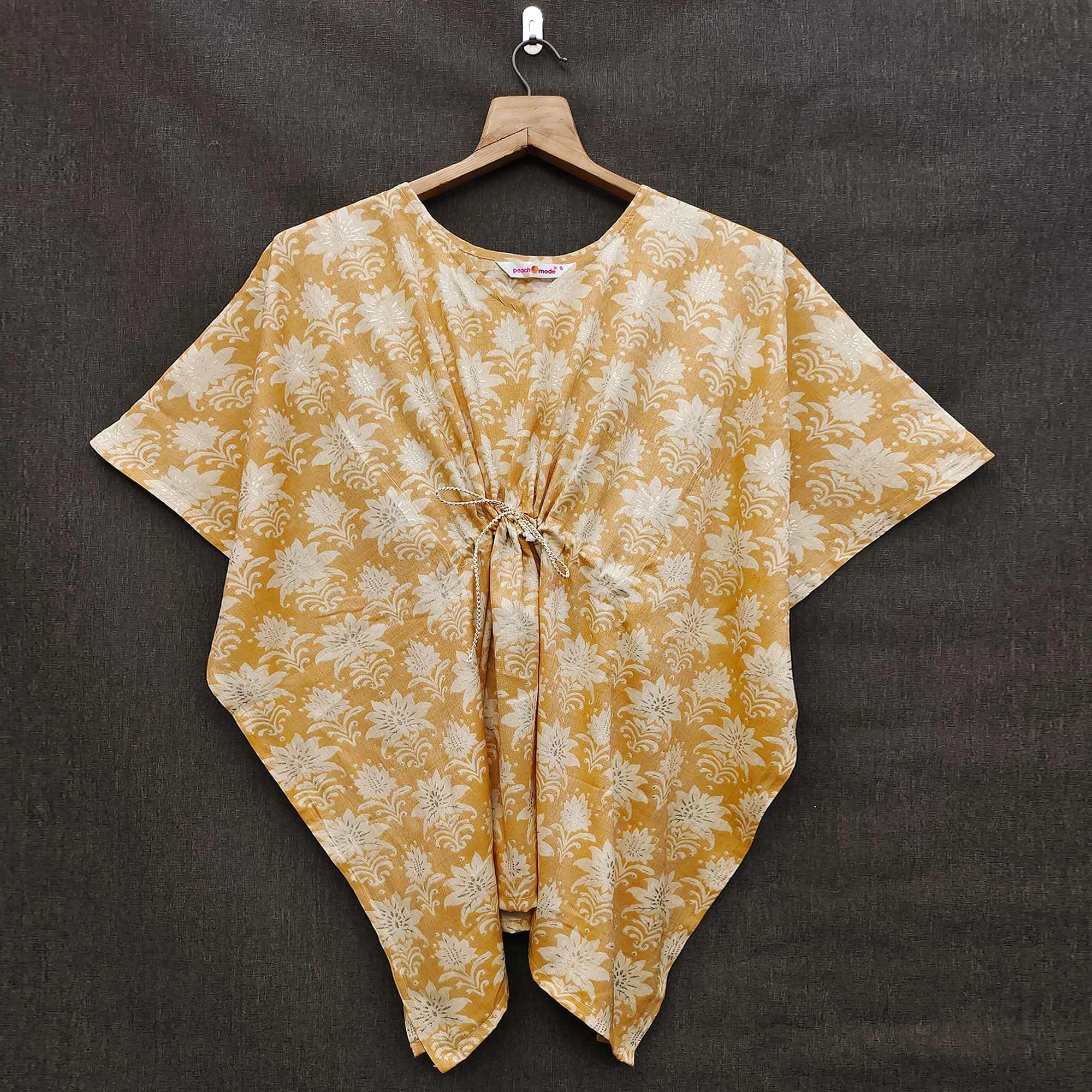 Yellow Floral Printed Rayon Kaftan Top - Peachmode