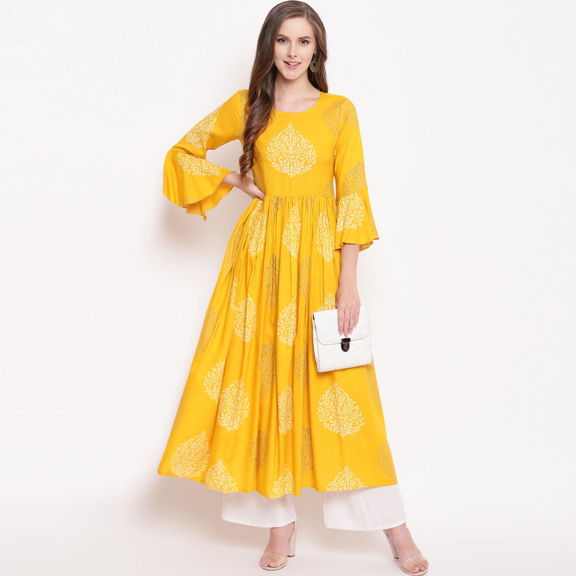 Yellow Floral Printed Rayon Kurti - Peachmode