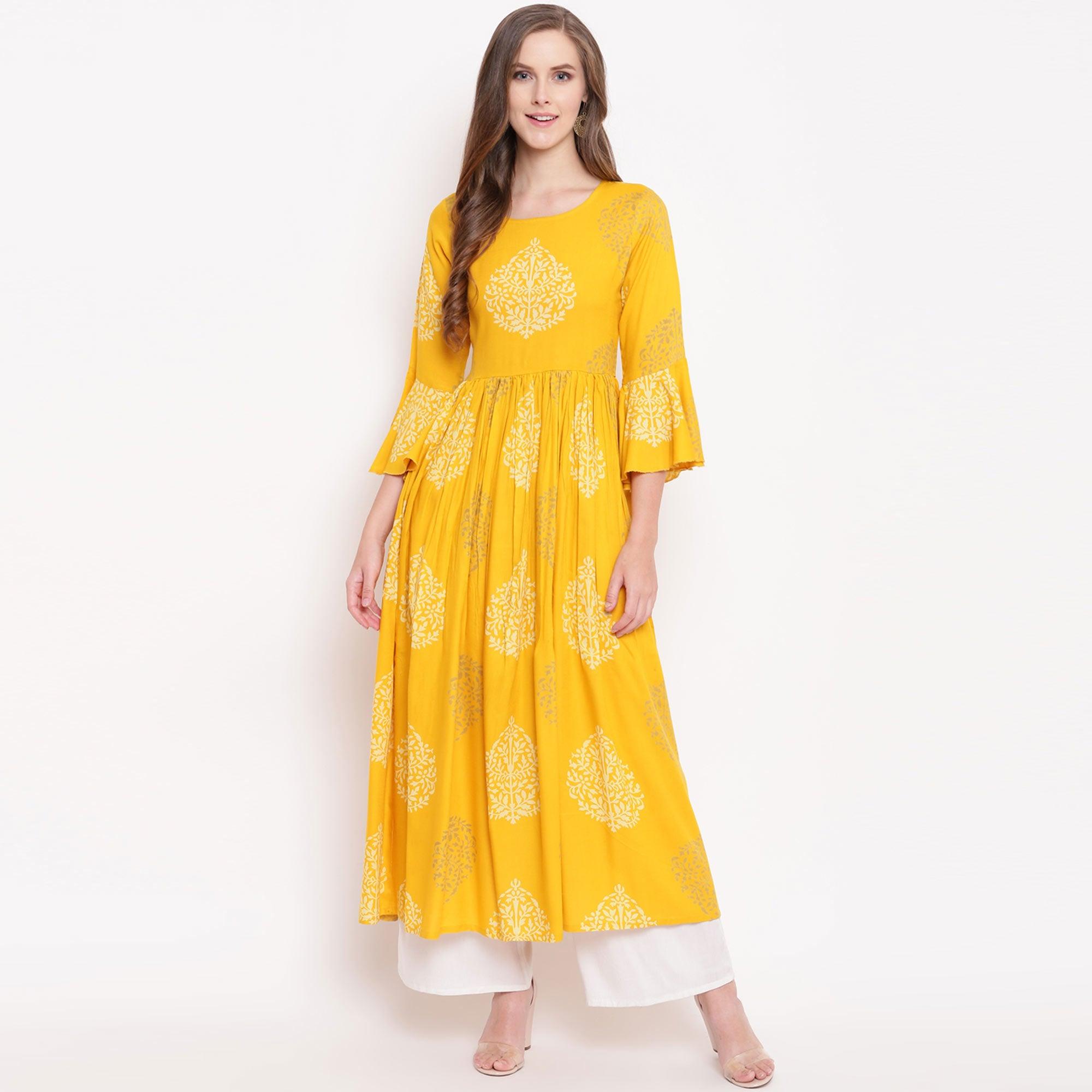 Yellow Floral Printed Rayon Kurti - Peachmode