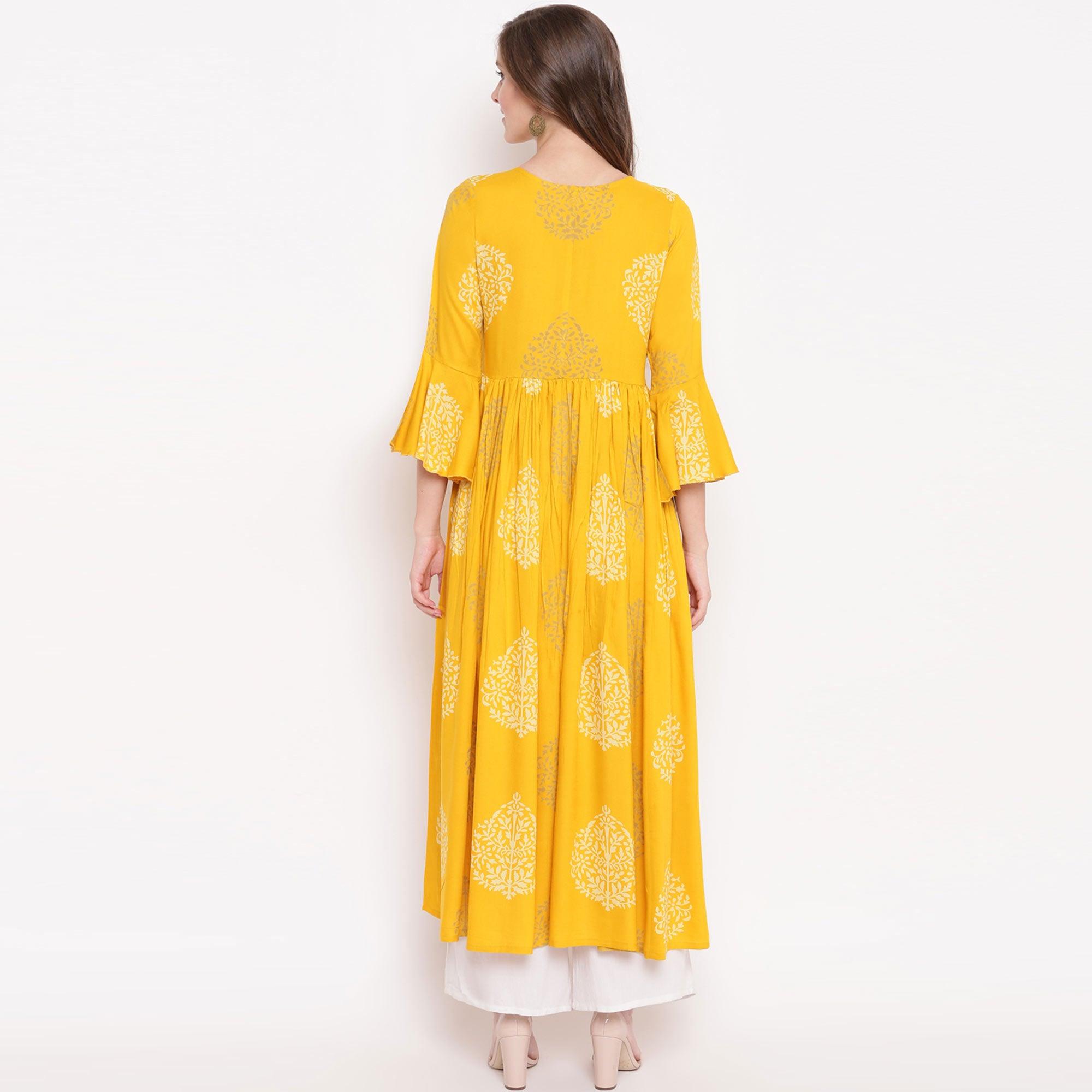 Yellow Floral Printed Rayon Kurti - Peachmode