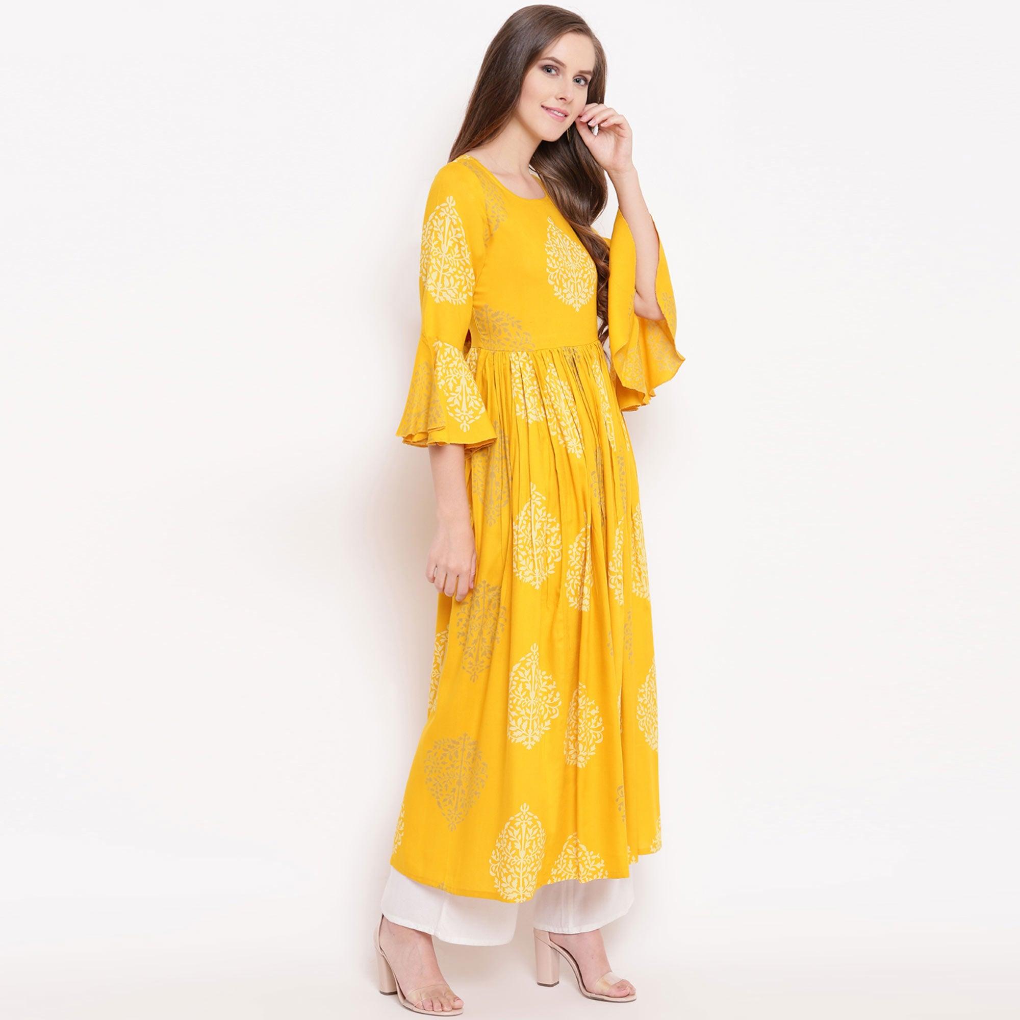 Yellow Floral Printed Rayon Kurti - Peachmode