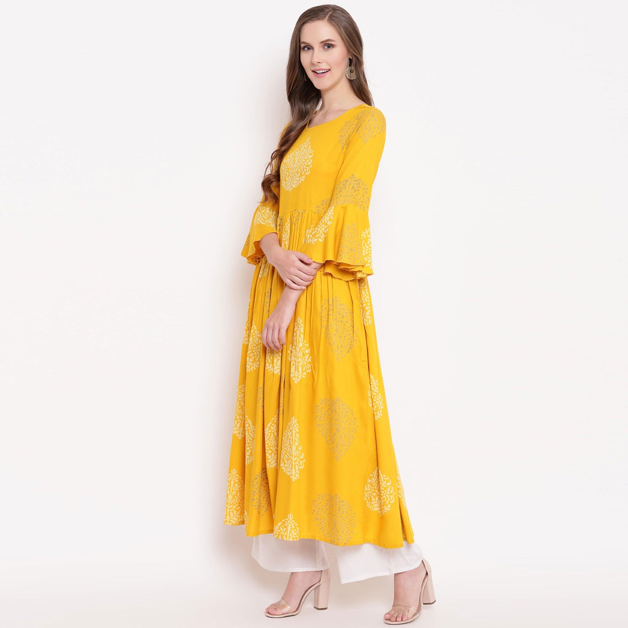 Yellow Floral Printed Rayon Kurti - Peachmode
