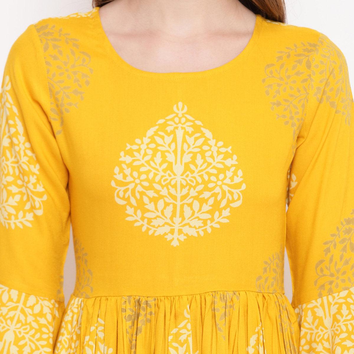 Yellow Floral Printed Rayon Kurti - Peachmode