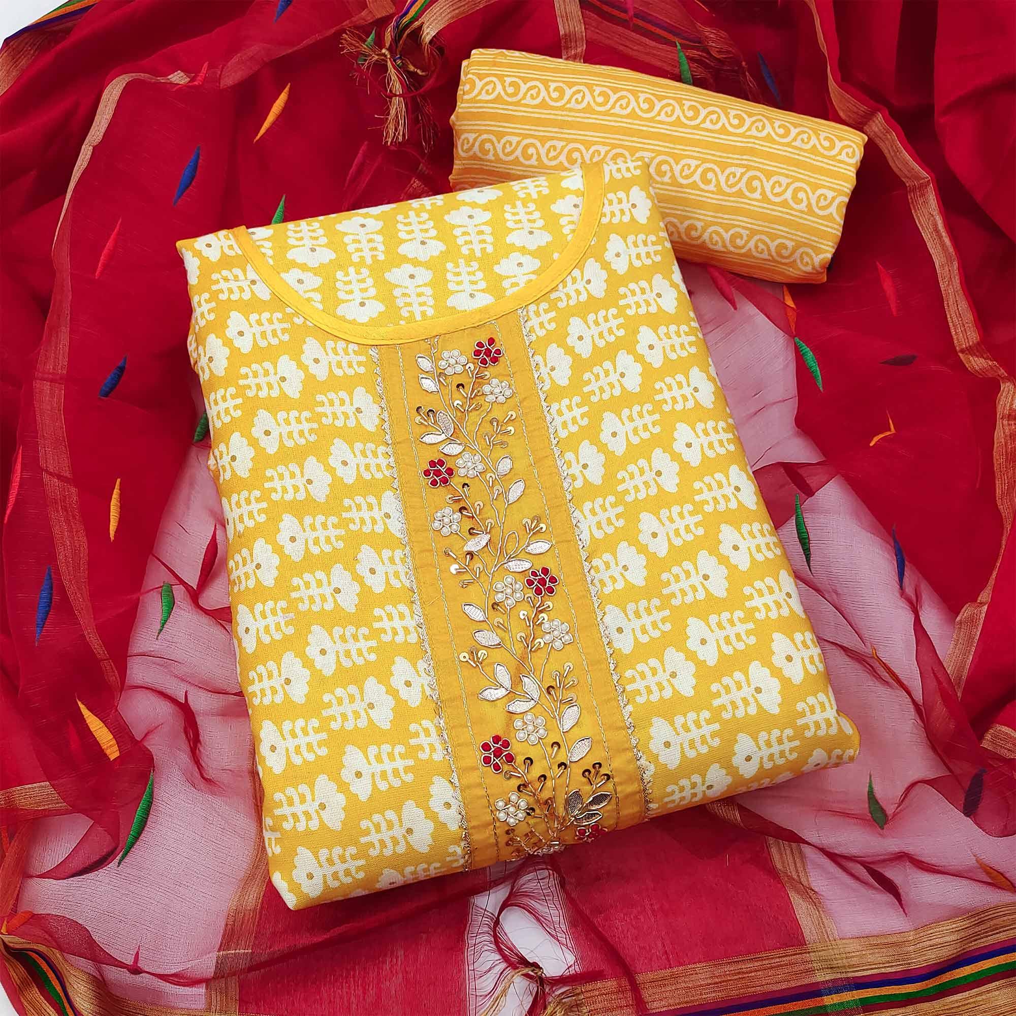 Yellow Floral Printed With Embellished Poly Cotton Dress Material - Peachmode