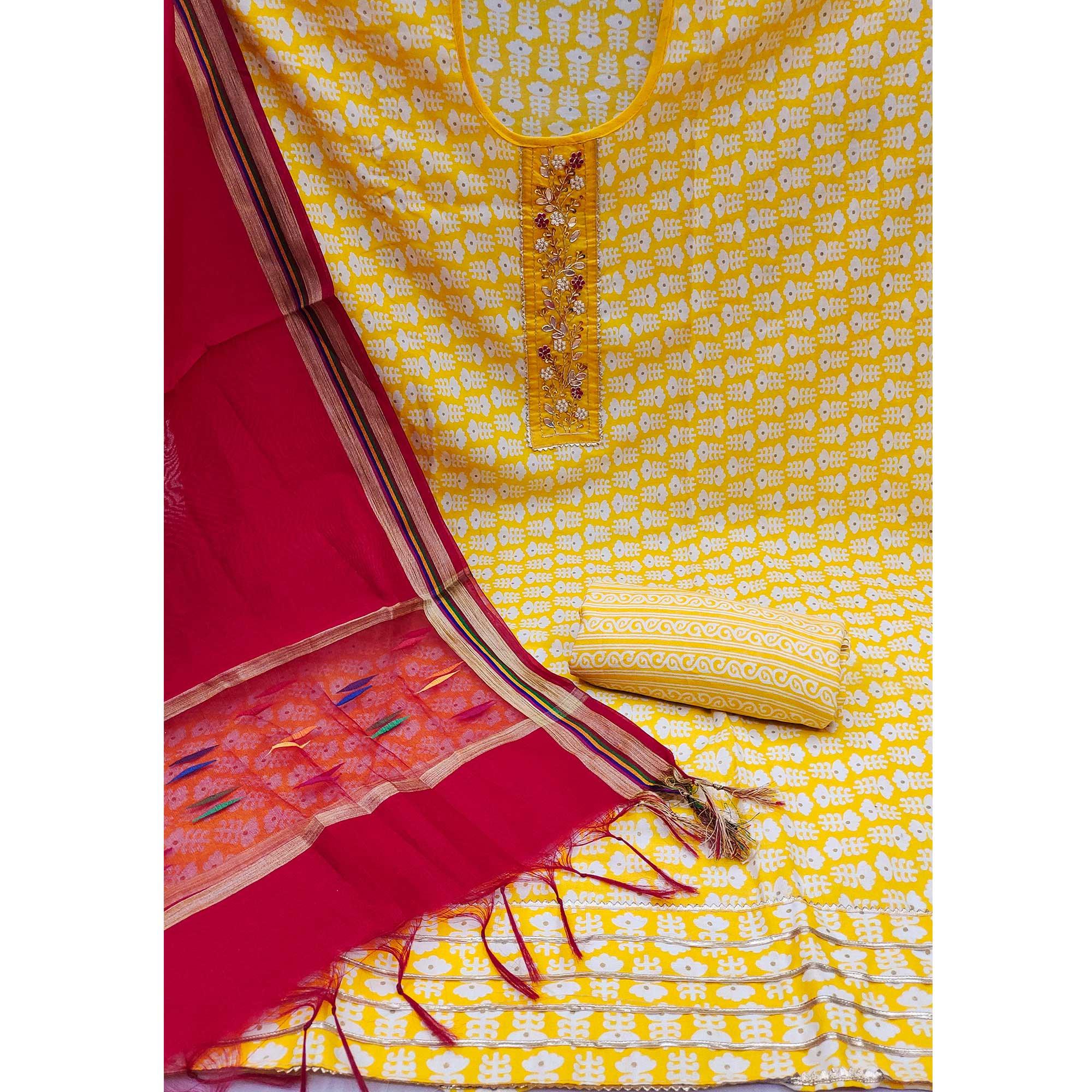 Yellow Floral Printed With Embellished Poly Cotton Dress Material - Peachmode