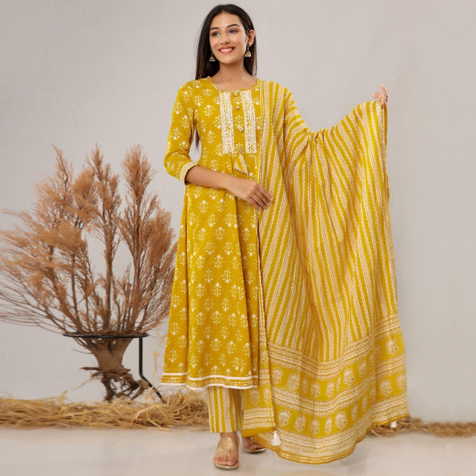 Yellow Floral Printed With Embroidered Pure Cotton Anarkali Suit - Peachmode