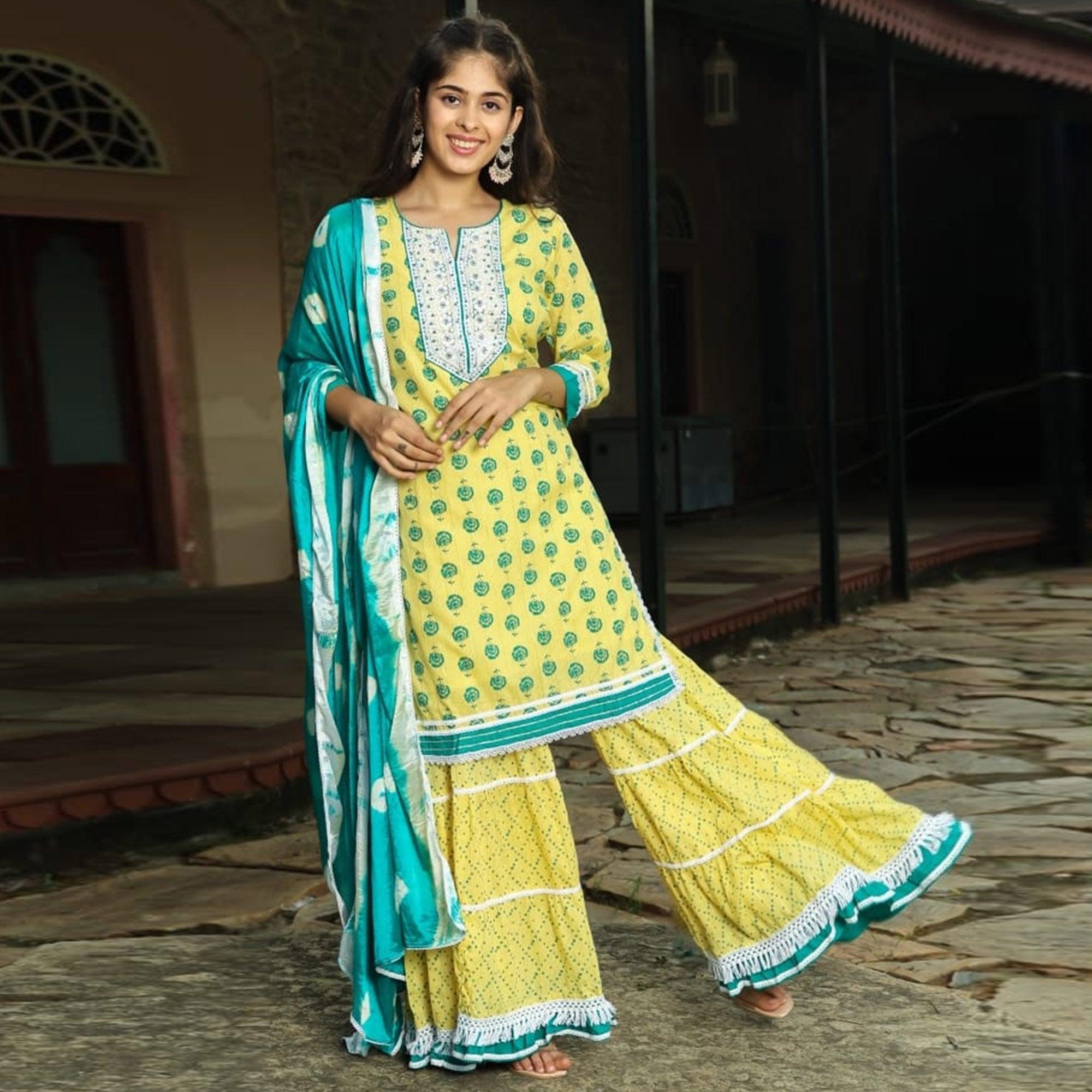 Yellow Floral Printed With Embroidered Pure Cotton Sharara Suit - Peachmode