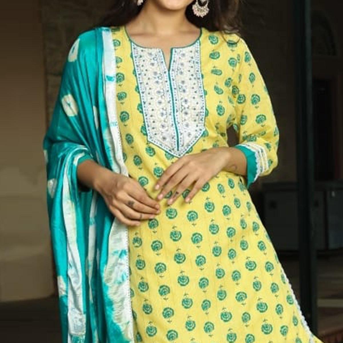 Yellow Floral Printed With Embroidered Pure Cotton Sharara Suit - Peachmode