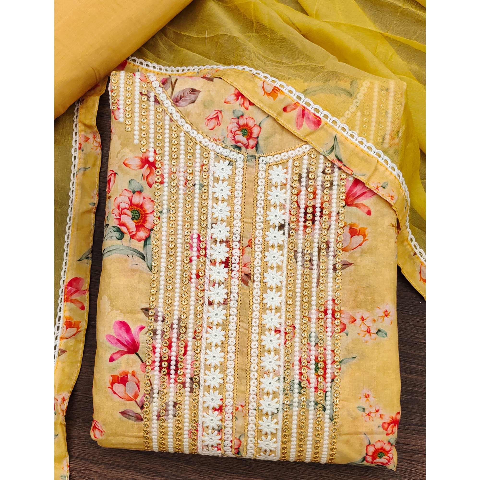 Yellow Floral Printed With Embroidery Pure Cotton Dress Material - Peachmode