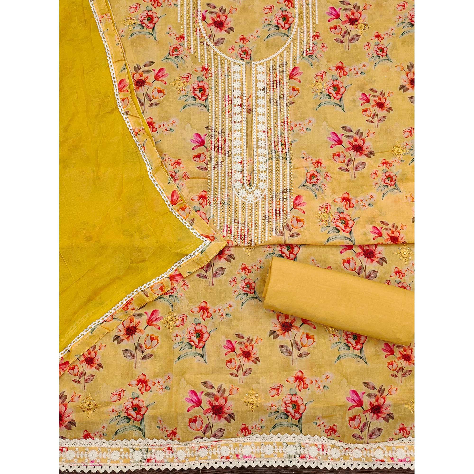 Yellow Floral Printed With Embroidery Pure Cotton Dress Material - Peachmode