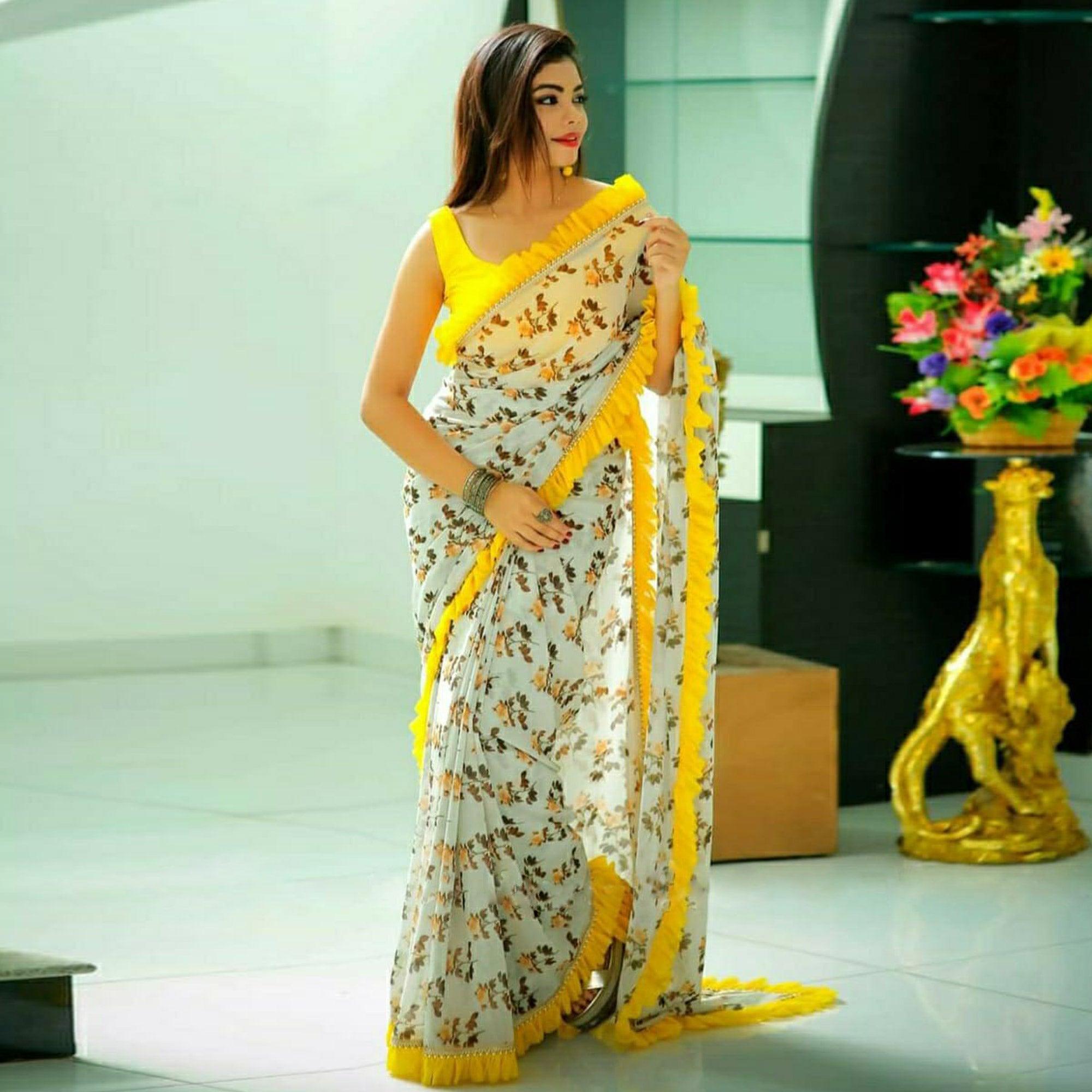 Yellow Floral Printed With Fancy Border Georgette Saree - Peachmode