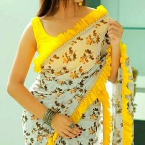 Yellow Floral Printed With Fancy Border Georgette Saree - Peachmode