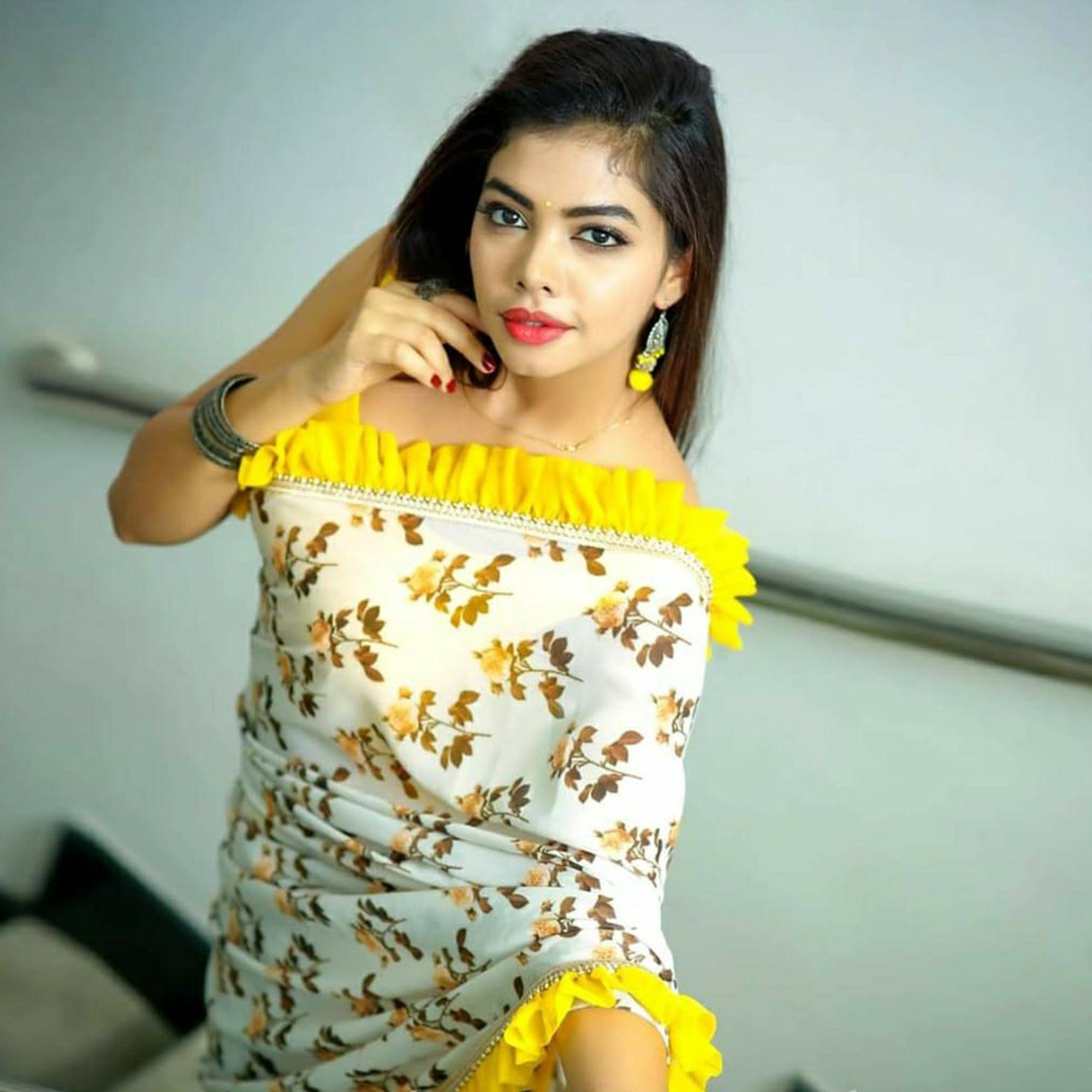 Yellow Floral Printed With Fancy Border Georgette Saree - Peachmode