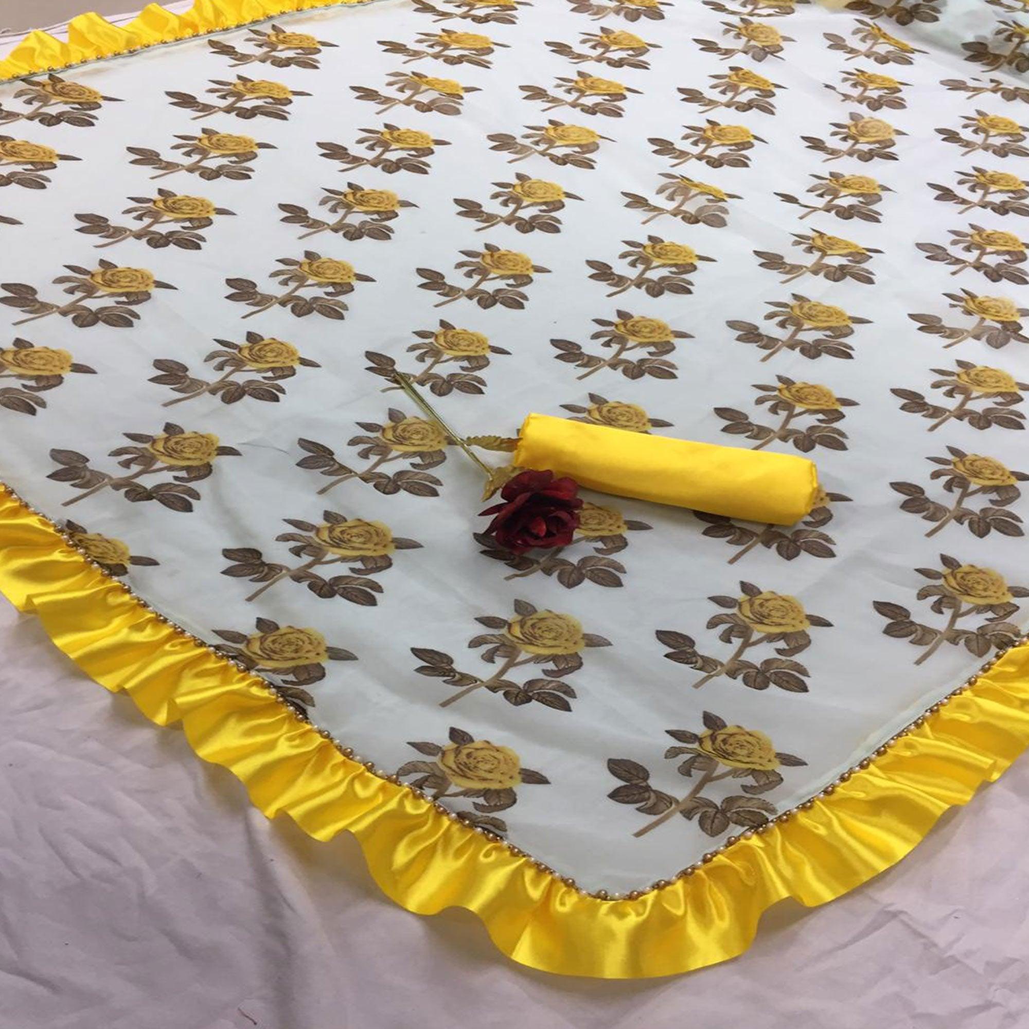 Yellow Floral Printed With Fancy Border Georgette Saree - Peachmode
