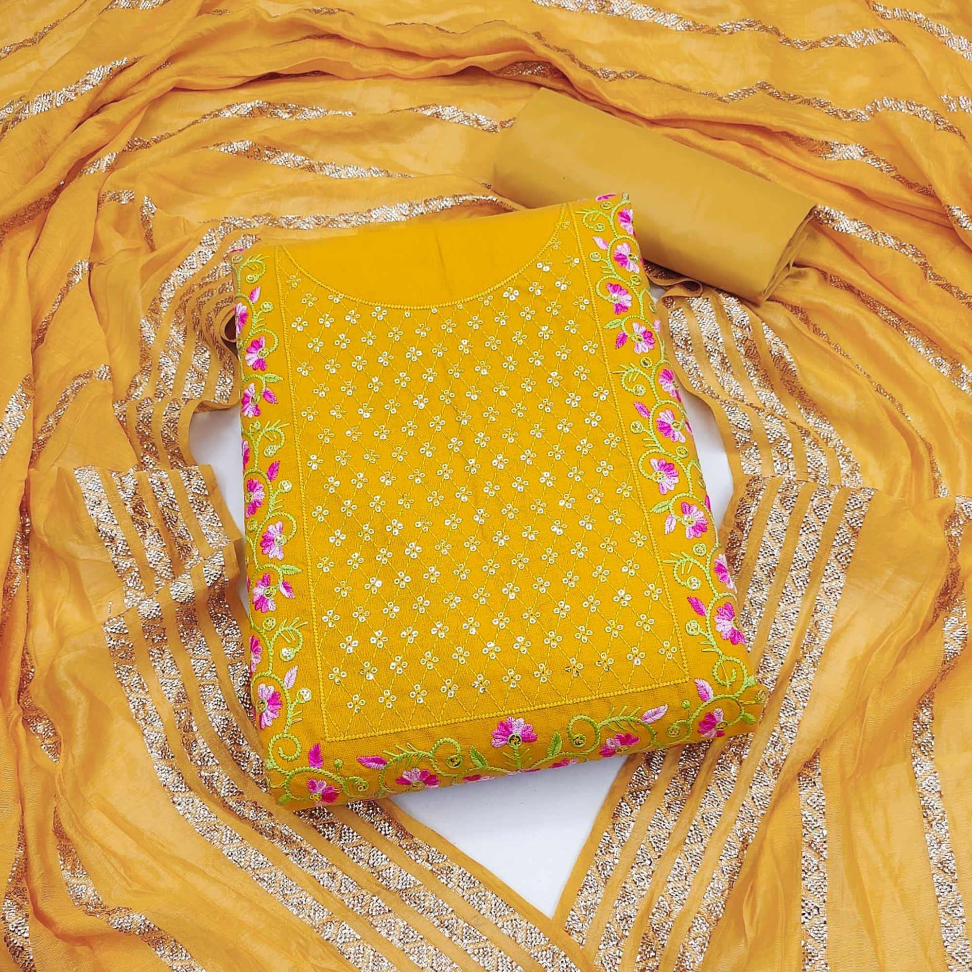 Yellow Floral Sequence Embroidered Cotton Blend Dress Material - Peachmode