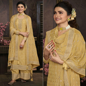 Yellow Floral Sequence Embroidered Dola Silk Palazzo Suit - Peachmode