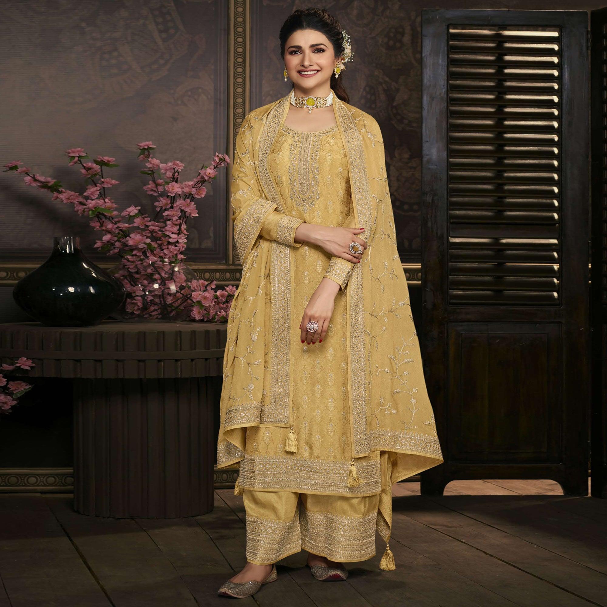 Yellow Floral Sequence Embroidered Dola Silk Palazzo Suit - Peachmode