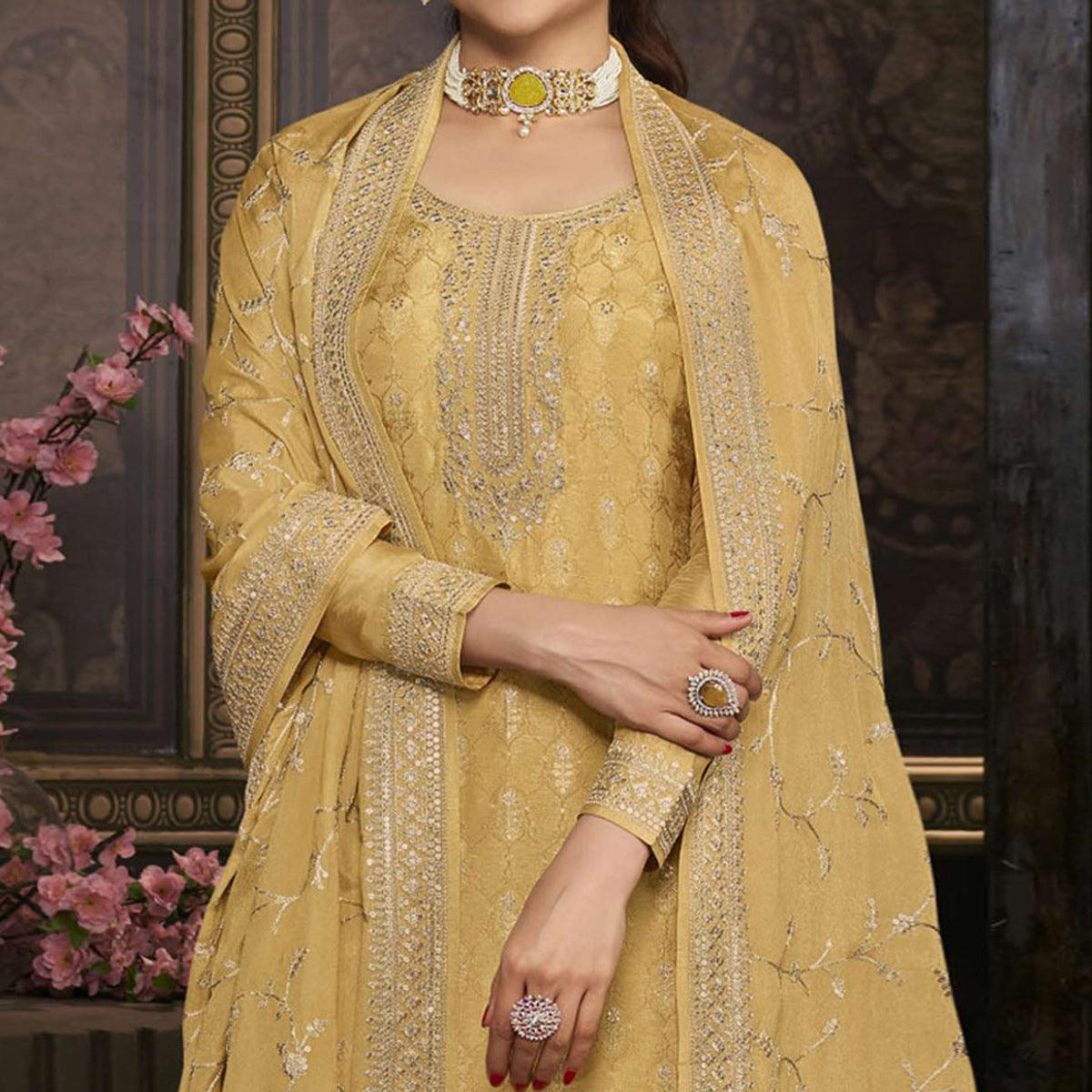 Yellow Floral Sequence Embroidered Dola Silk Palazzo Suit - Peachmode