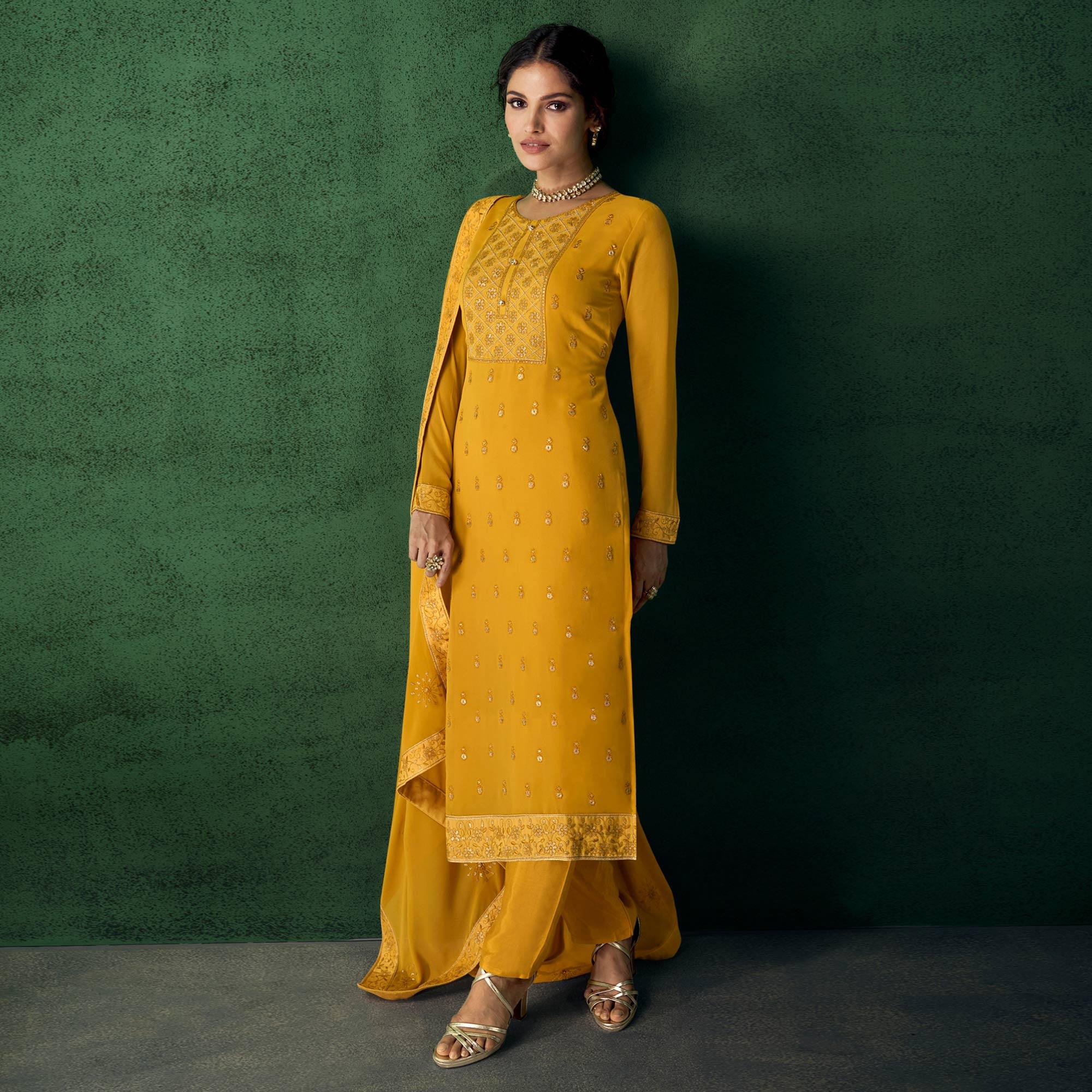Yellow Floral Sequence Embroidered Georgette Partywear Suit - Peachmode