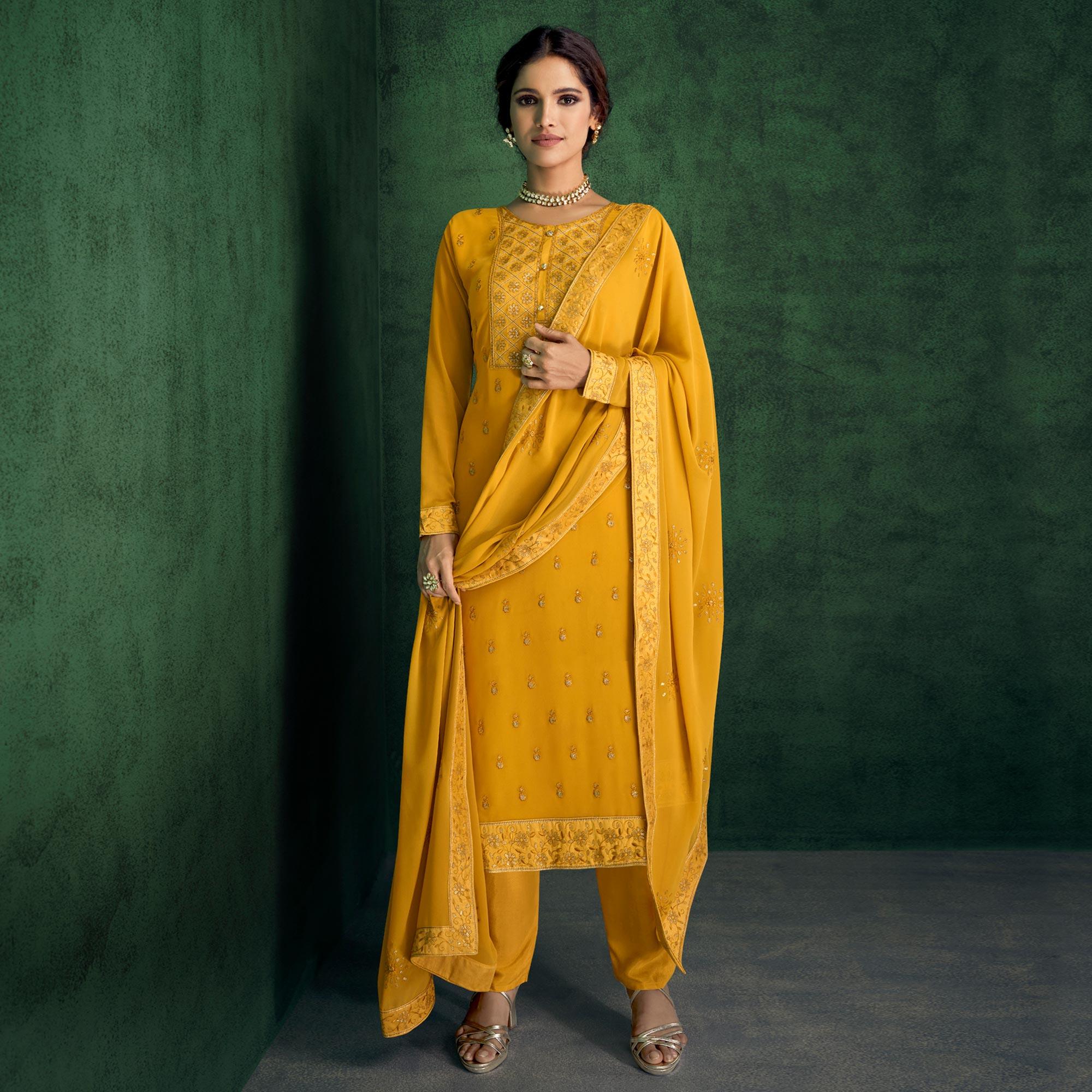 Yellow Floral Sequence Embroidered Georgette Partywear Suit - Peachmode