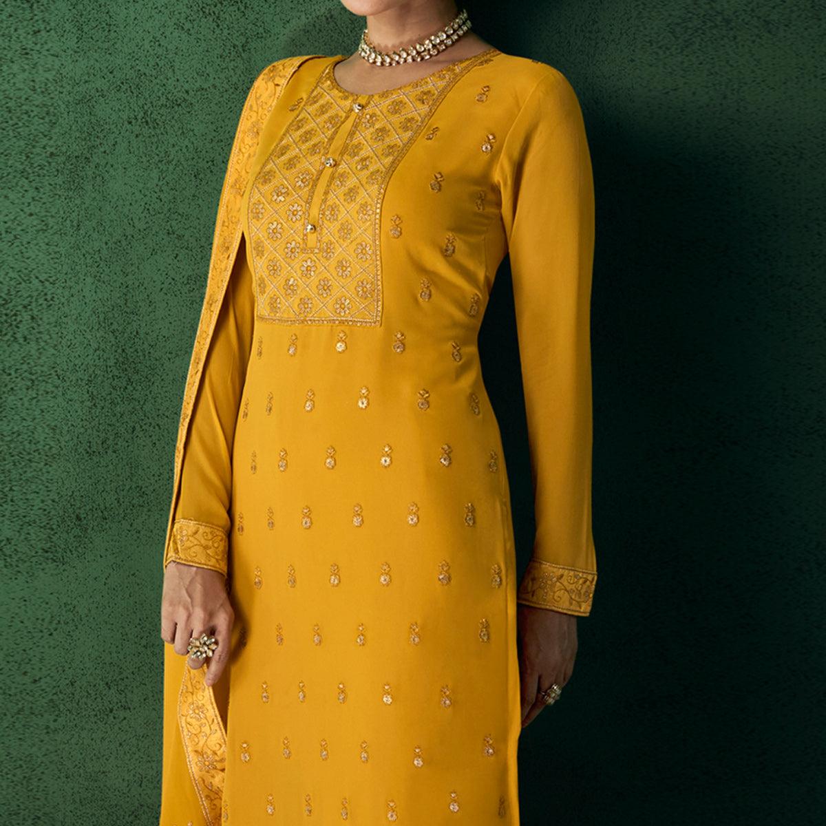 Yellow Floral Sequence Embroidered Georgette Partywear Suit - Peachmode