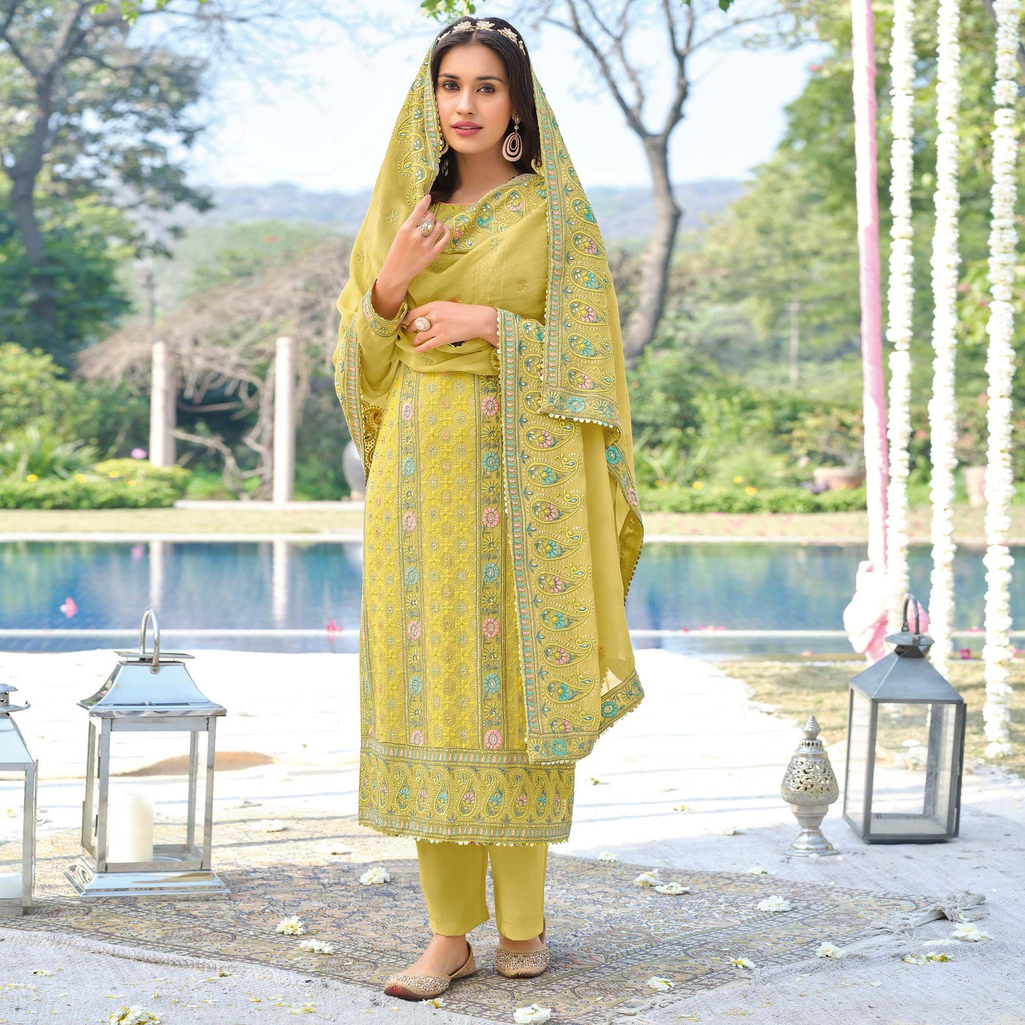Yellow Floral Sequence Embroidered Georgette Suit - Peachmode
