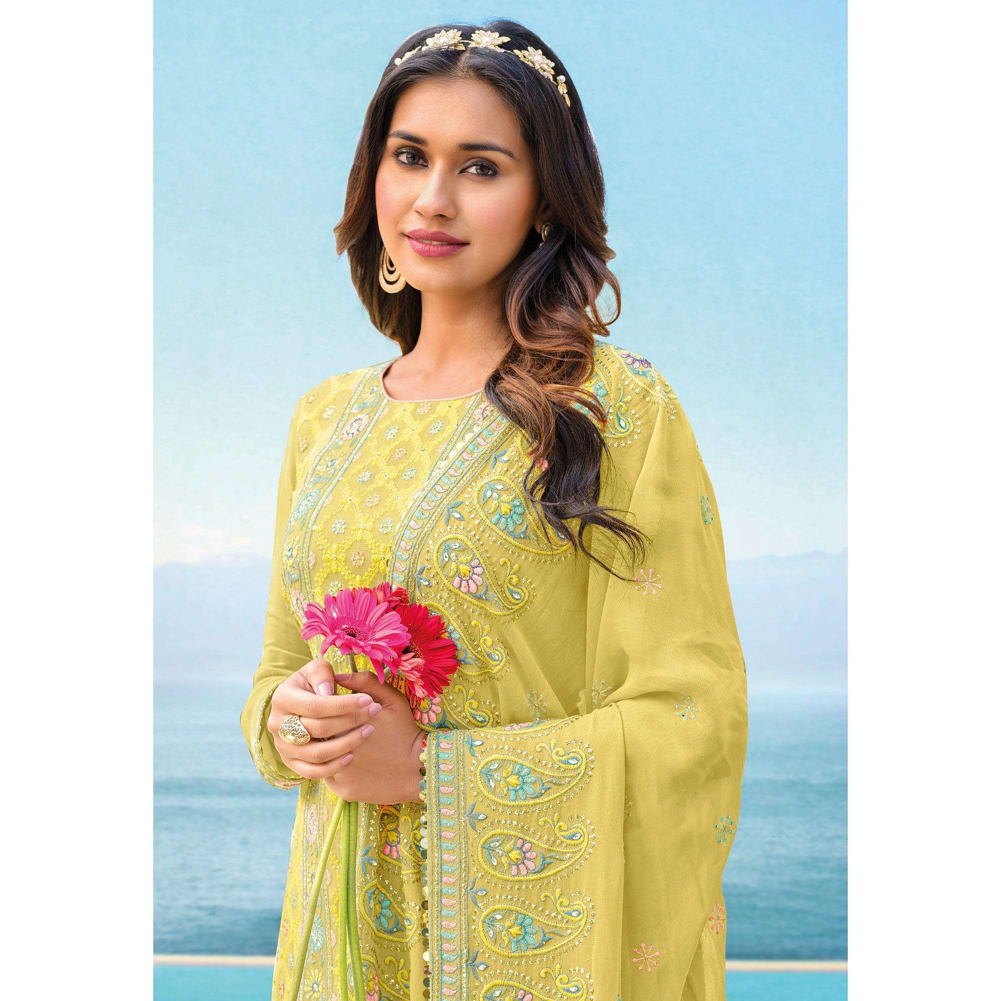 Yellow Floral Sequence Embroidered Georgette Suit - Peachmode