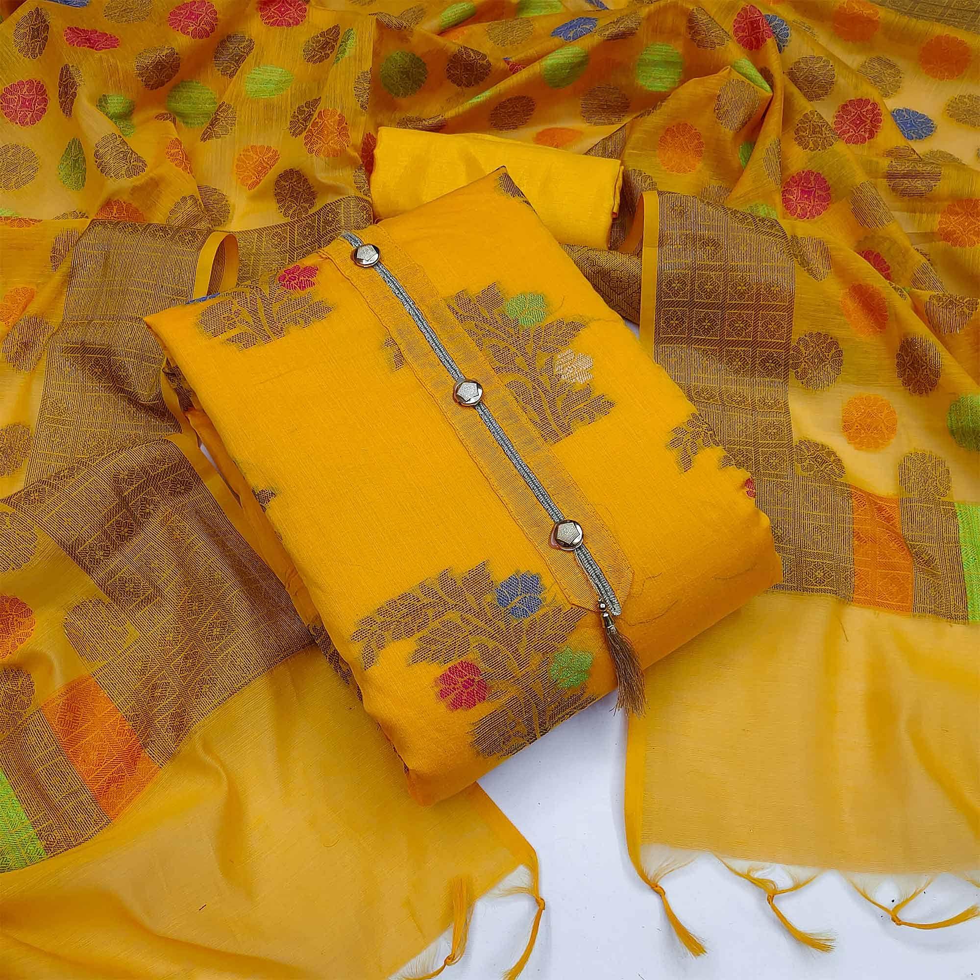 Yellow Floral Woven Banarasi Silk Dress Material - Peachmode