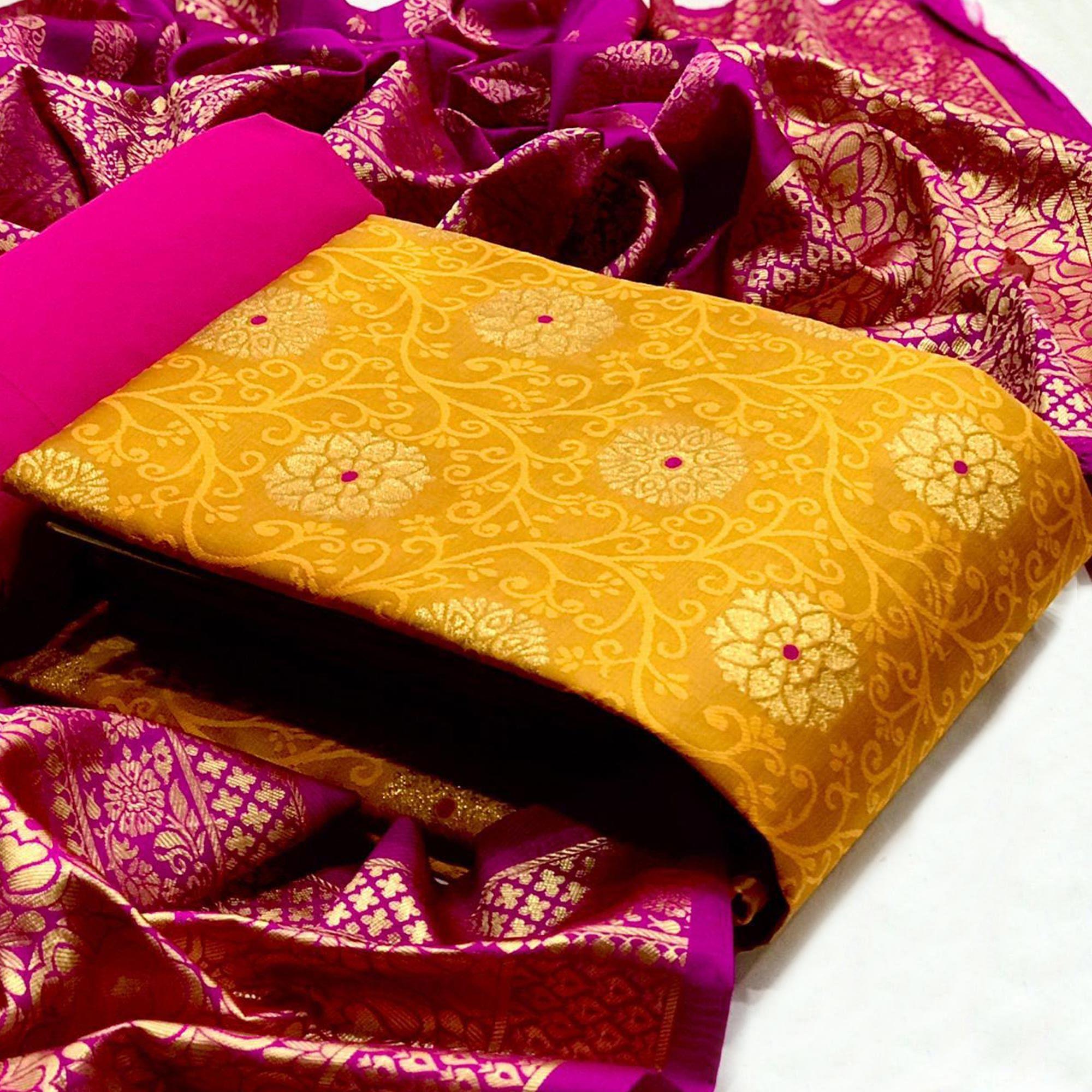 Yellow Floral Woven Banarasi Silk Dress Material - Peachmode