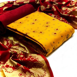Yellow Floral Woven Banarasi Silk Dress Material - Peachmode