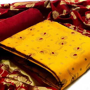 Yellow Floral Woven Banarasi Silk Dress Material - Peachmode