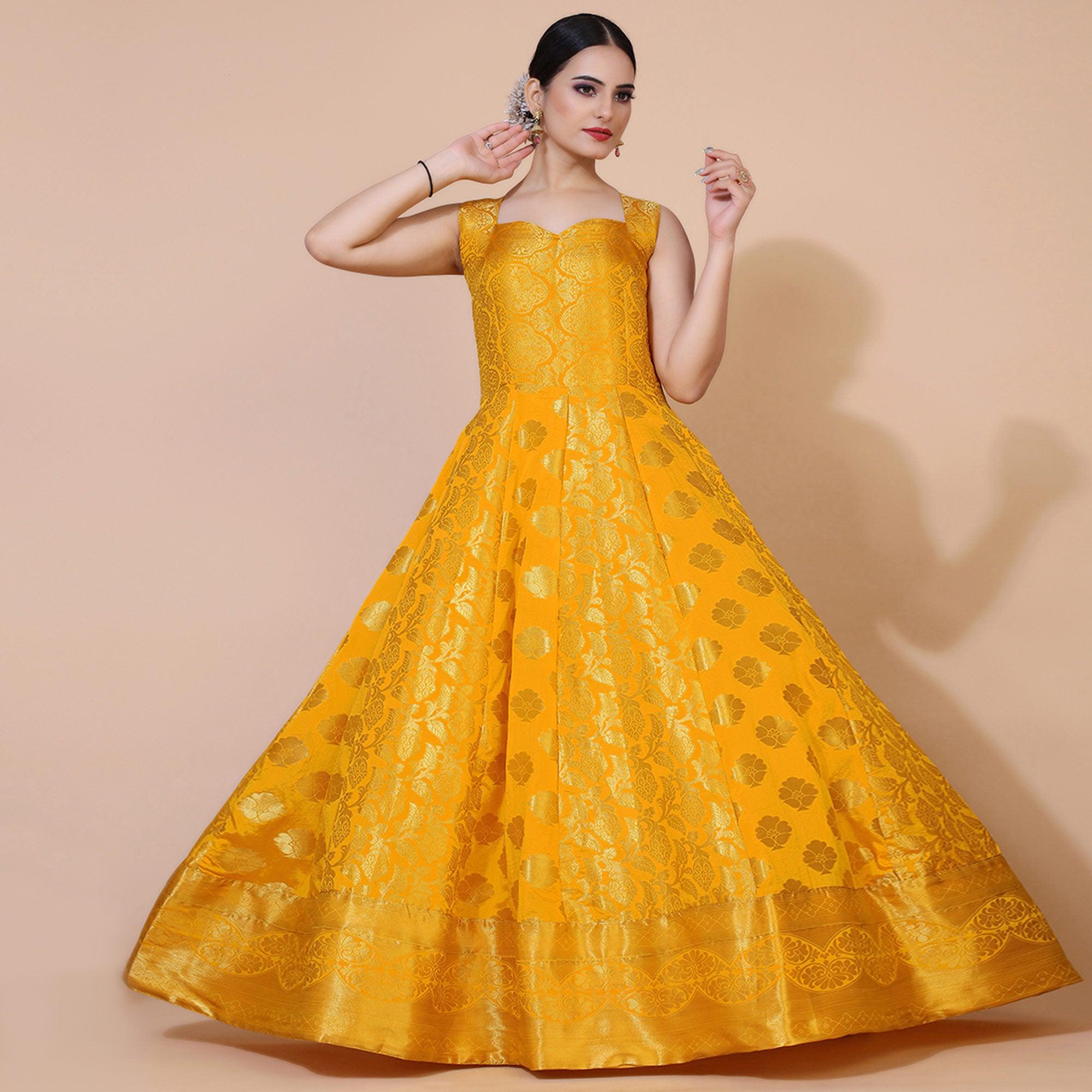 Yellow Floral Woven Jacquard Anarkali Style Gown - Peachmode
