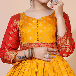 Yellow Floral Woven Jacquard Anarkali Style Gown - Peachmode