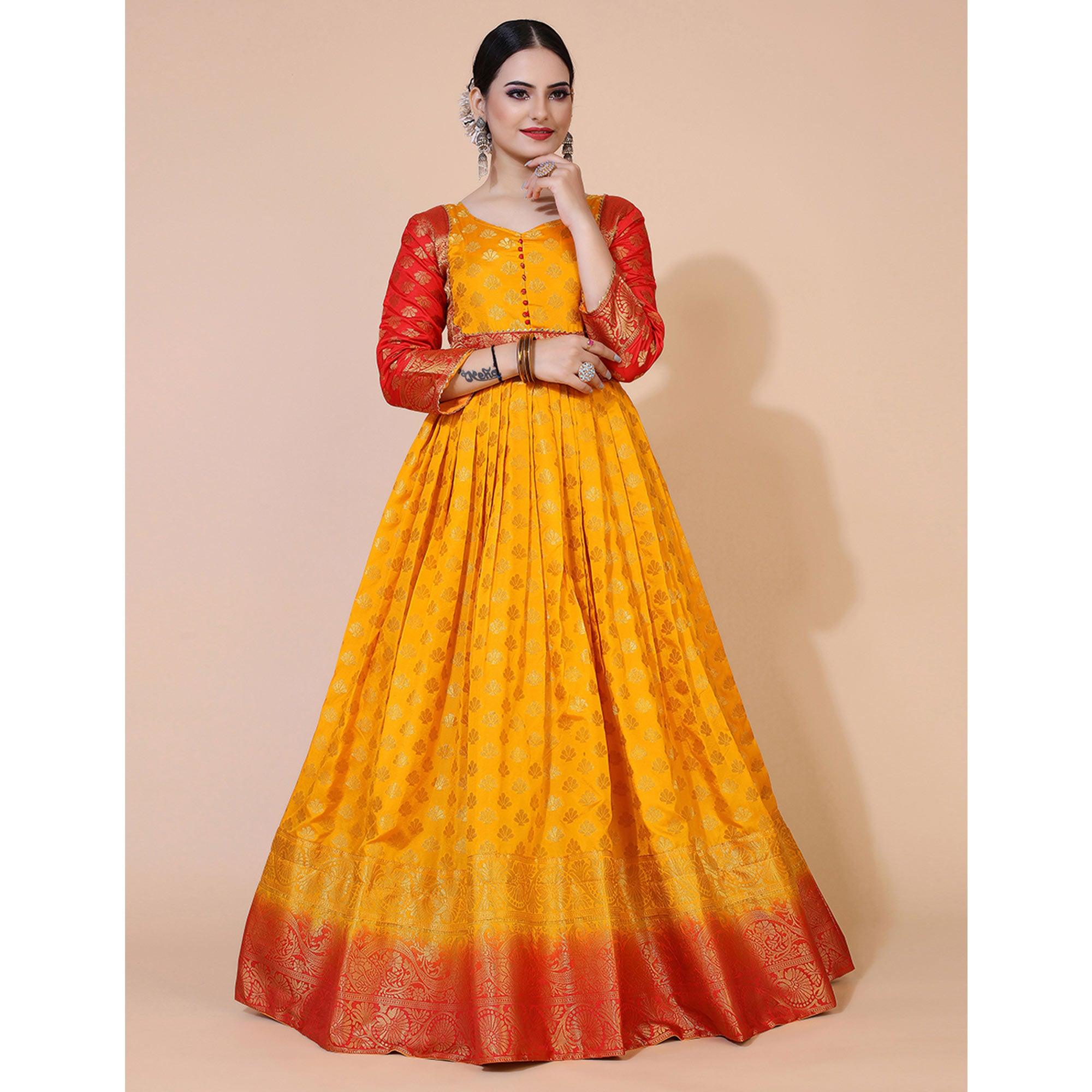 Yellow Floral Woven Jacquard Anarkali Style Gown - Peachmode