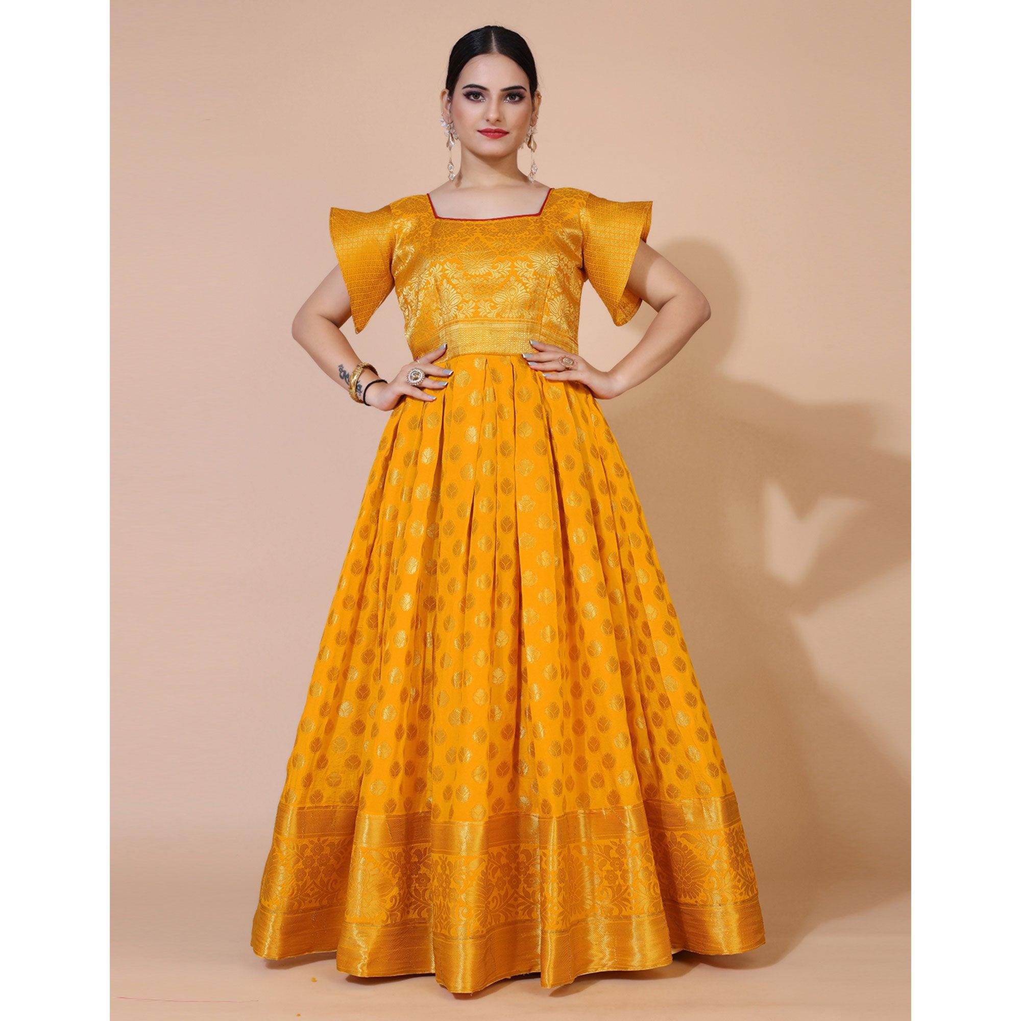 Yellow Floral Woven Jacquard Anarkali Style Gown - Peachmode